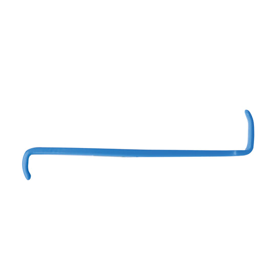 Blue double-ended precision pry bar tool with a curved hook end and an angled pry tip on a white background.