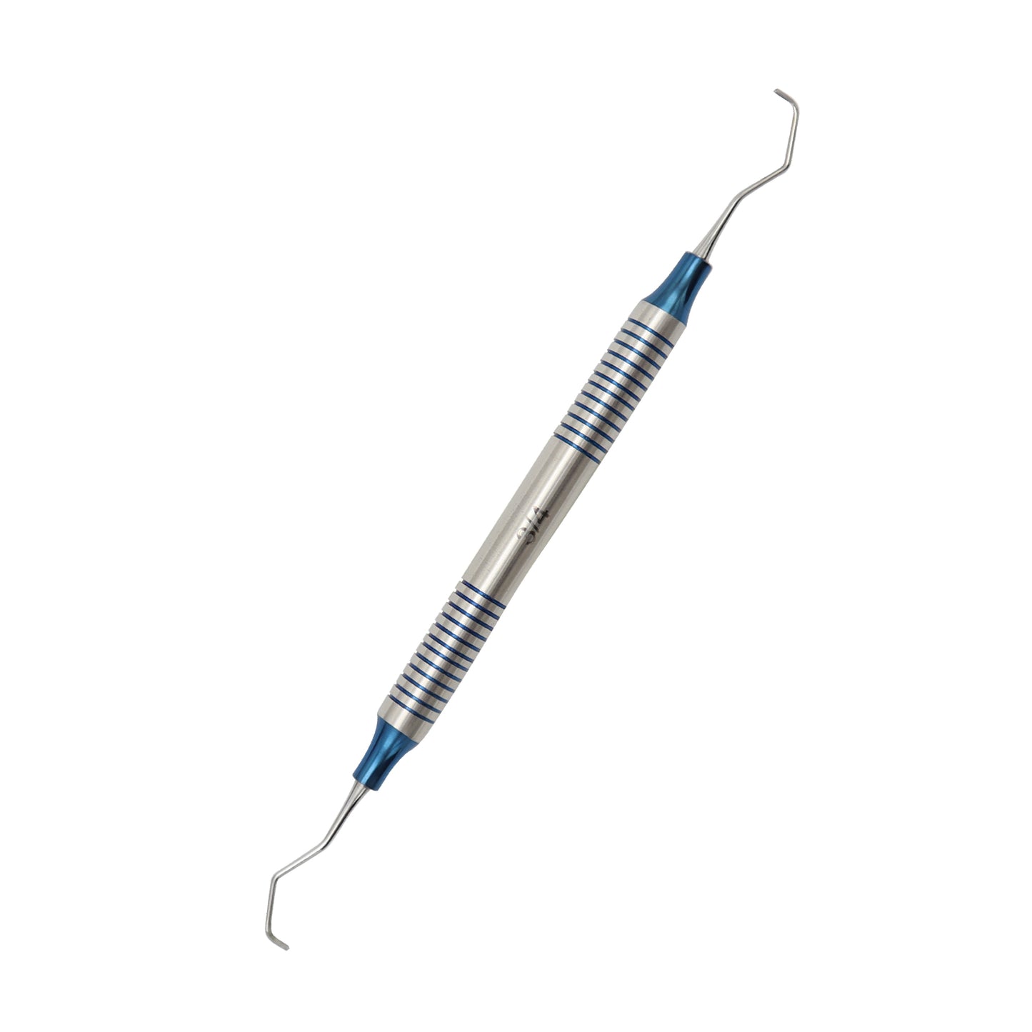 Double-ended dental diagnostic explorer probe featuring blue titanium-coated tips and a textured stainless steel hollow handle.