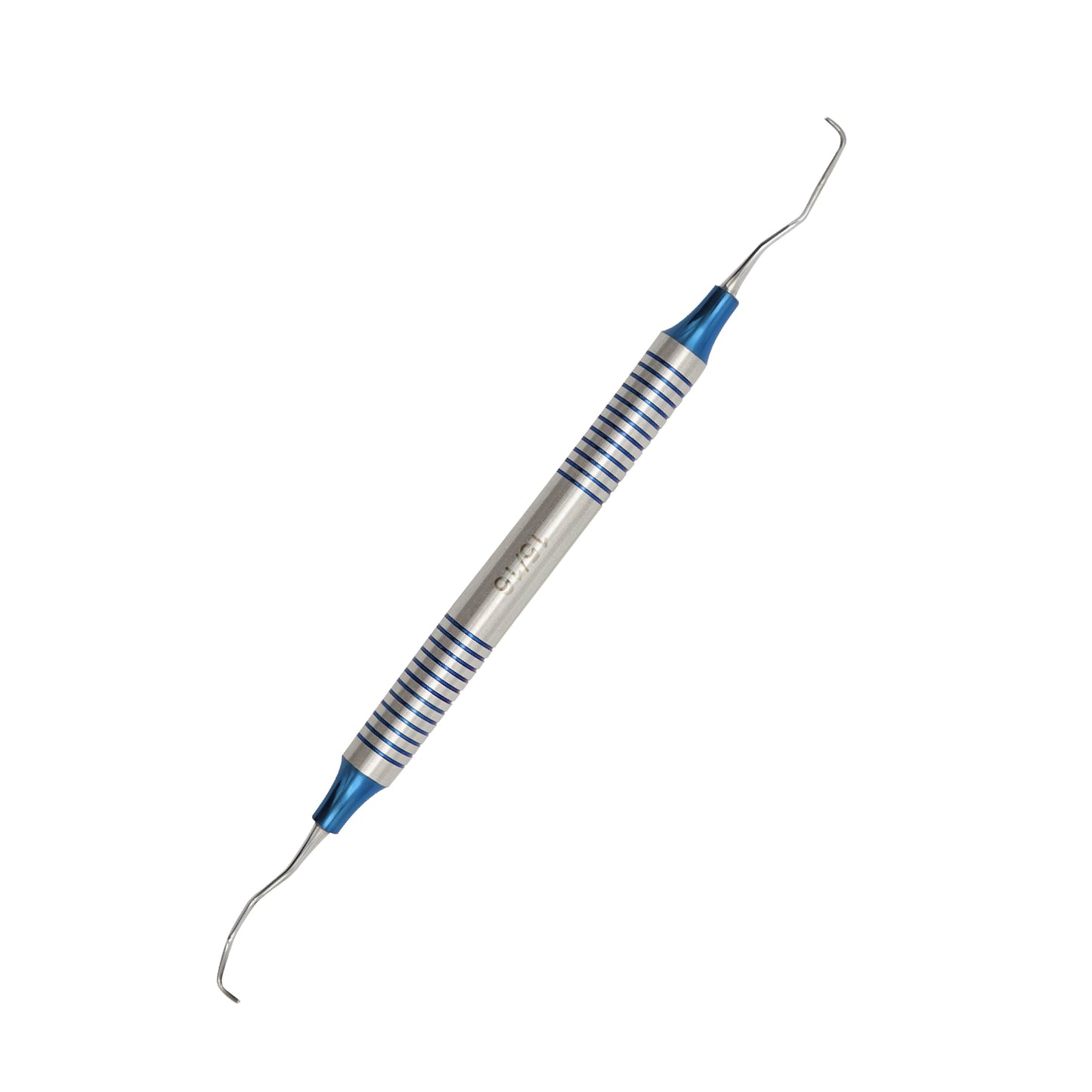 Double-ended blue titanium-coated dental periodontal scaler with an ergonomic hollow stainless steel handle.