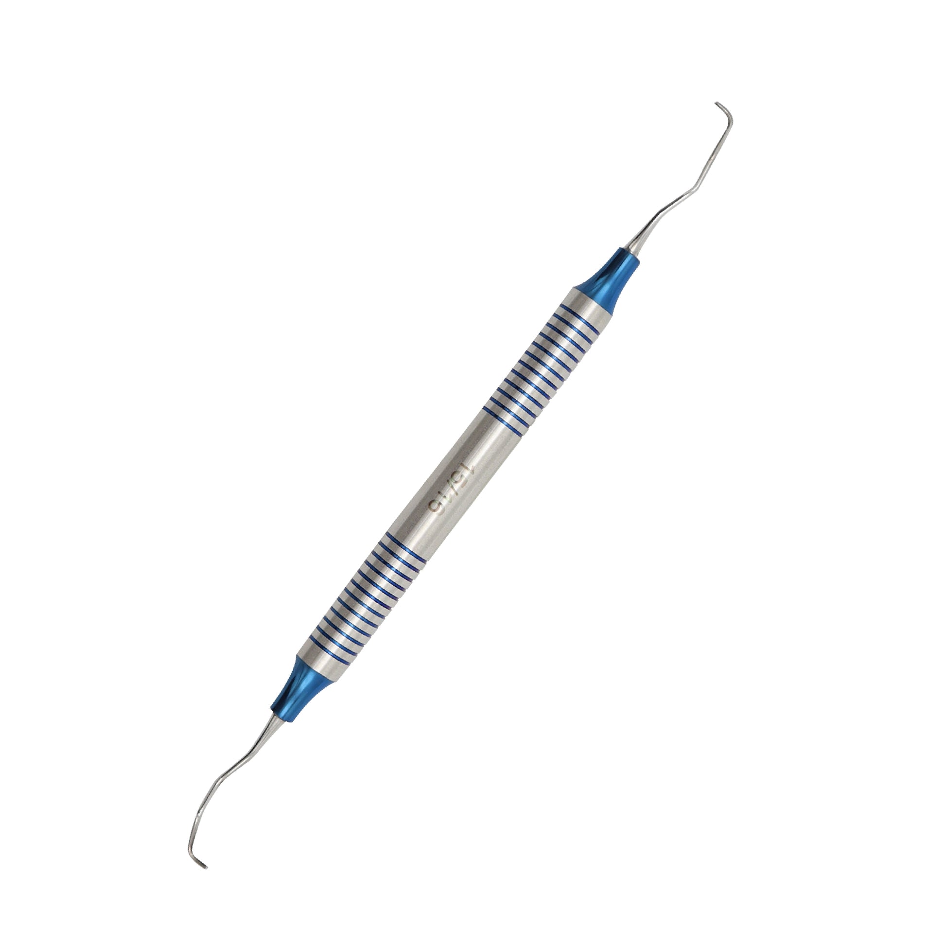 Double-ended blue titanium-coated dental periodontal scaler with an ergonomic hollow stainless steel handle.