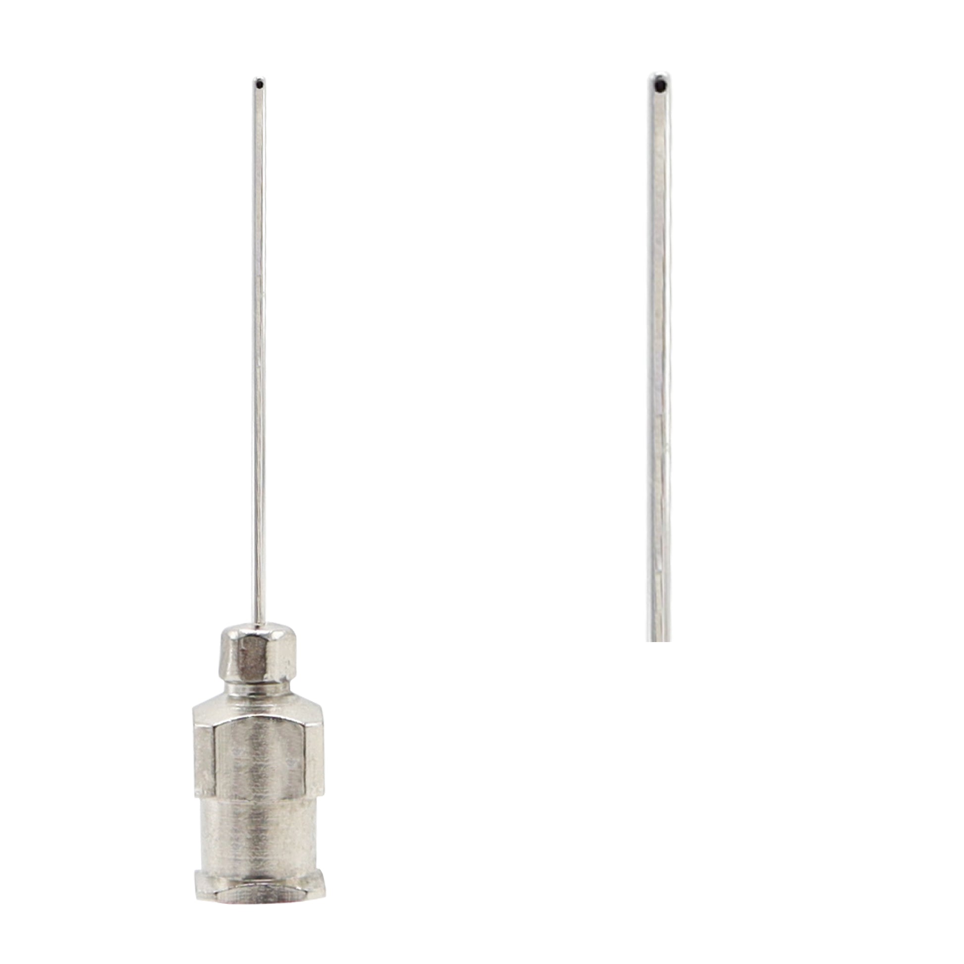 A reusable stainless steel blunt-tip dispensing cannula with a chrome-plated metal Luer lock hub, shown alongside a separate view of its straight shaft tip.