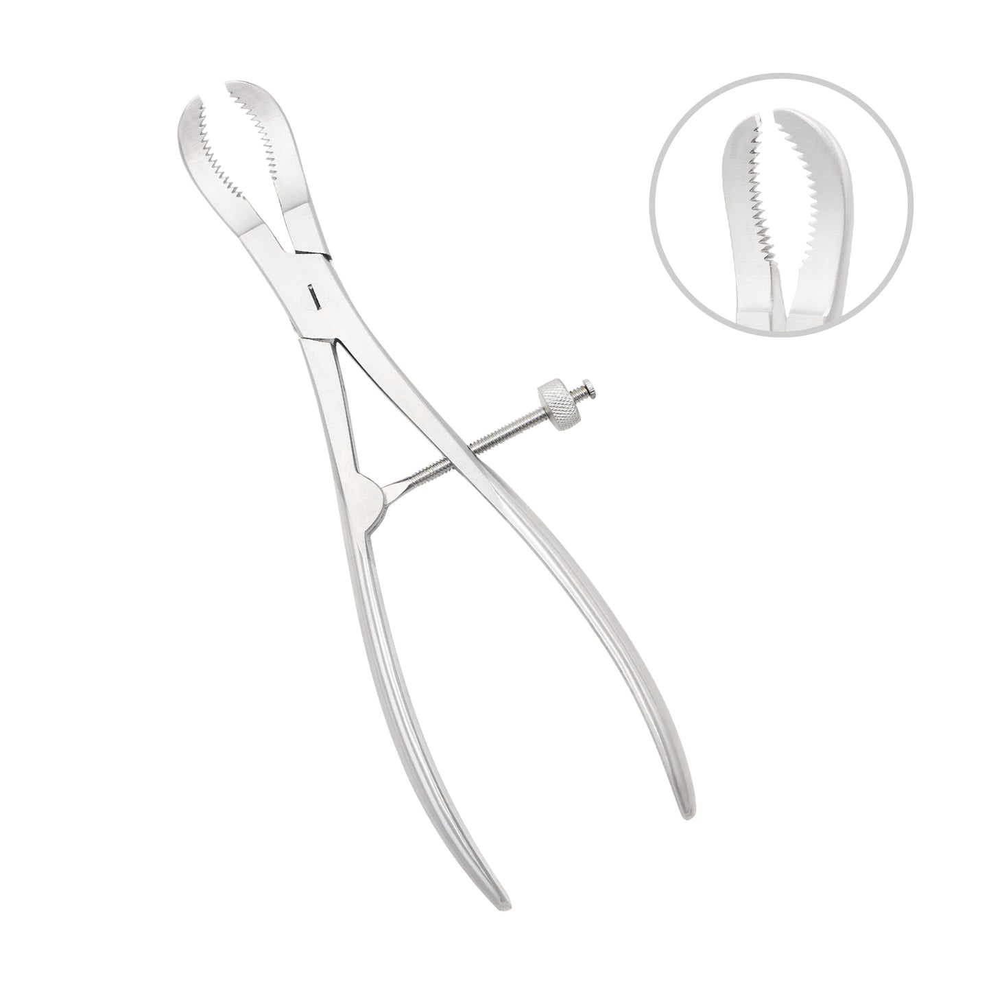 Bone holding reduction forceps with speed-lock mechanism and curved serrated jaws for orthopedic surgery.