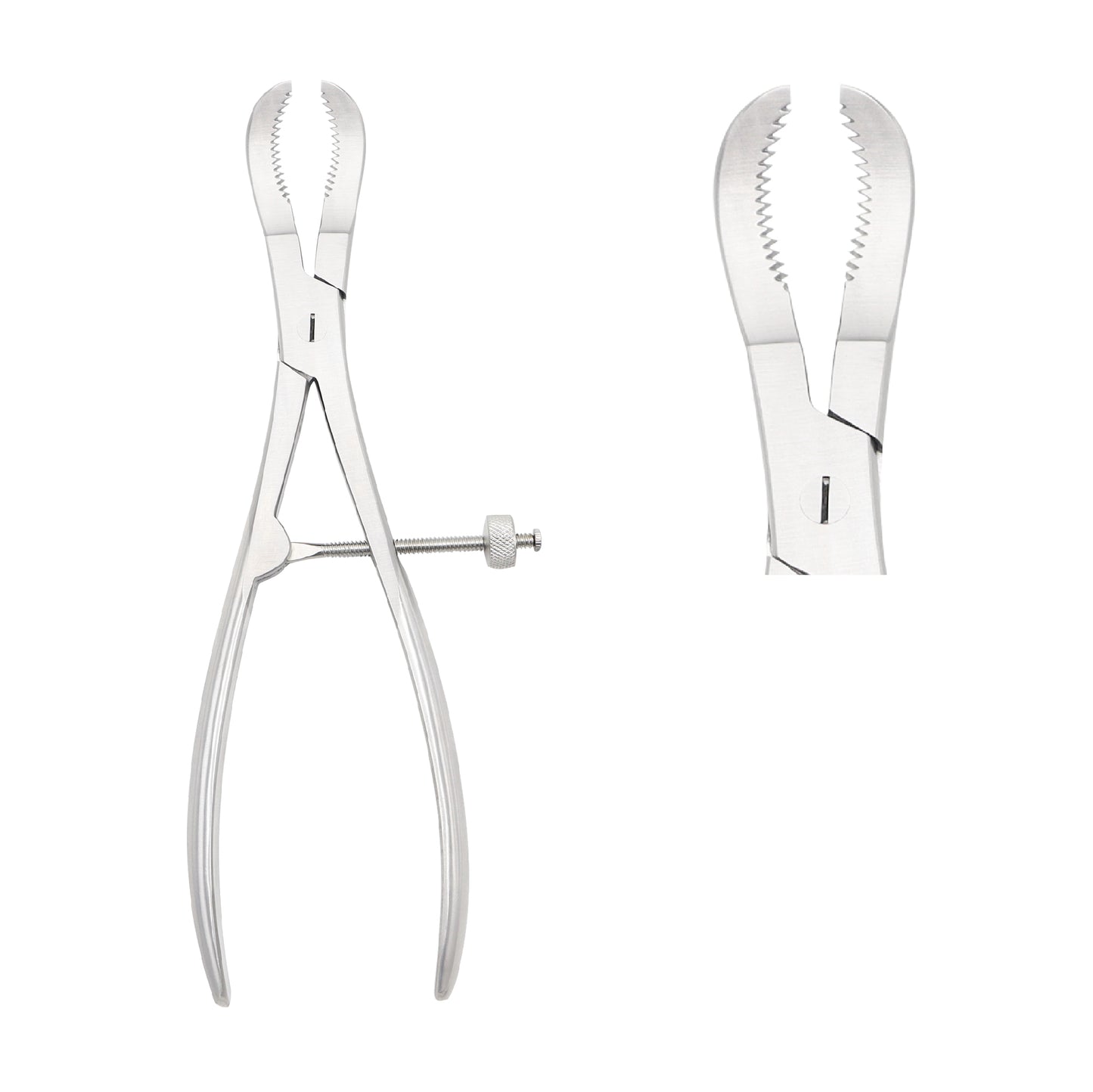 Front and side view of 24cm stainless steel bone holding reduction forceps featuring curved serrated jaws and a central thread lock mechanism for orthopedic surgery.
