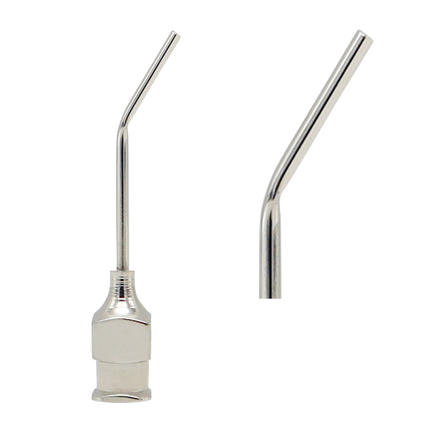 Bonn model irrigating cannula with an angled stainless steel tube and a silver Luer lock hub, shown alongside a separate angled tip component against a white background.