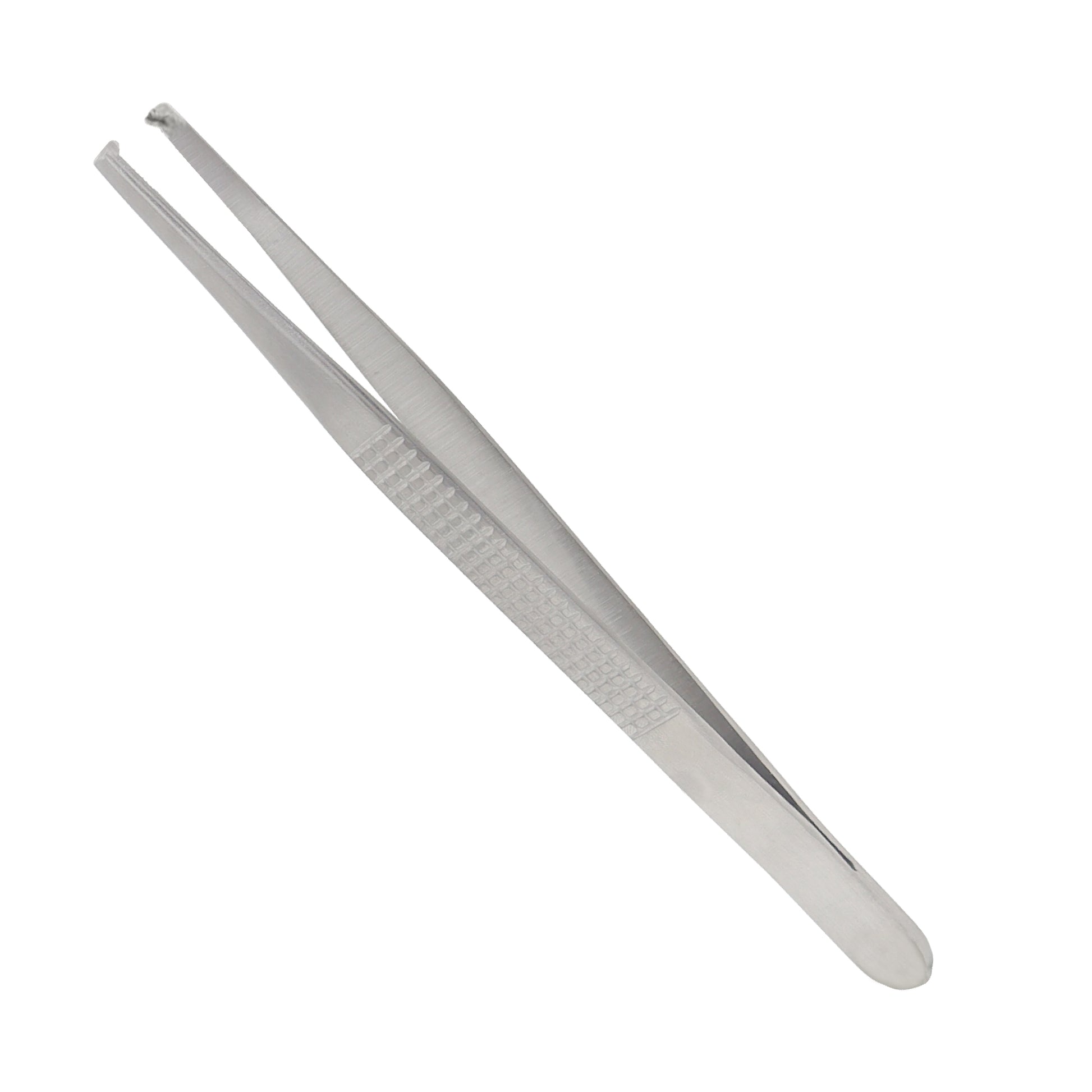 Metal tweezers on a white background