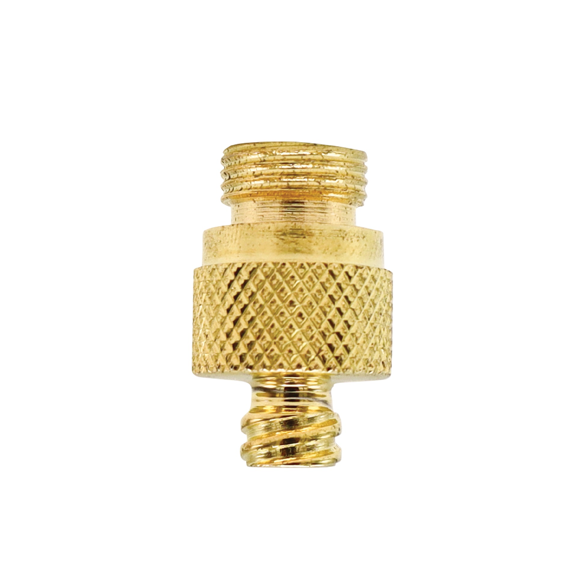 A gold-toned brass HVAC adapter with a knurled center grip, featuring a threaded 1/2" ACME female top and a 1/4" male flare bottom for refrigerant tank connections.