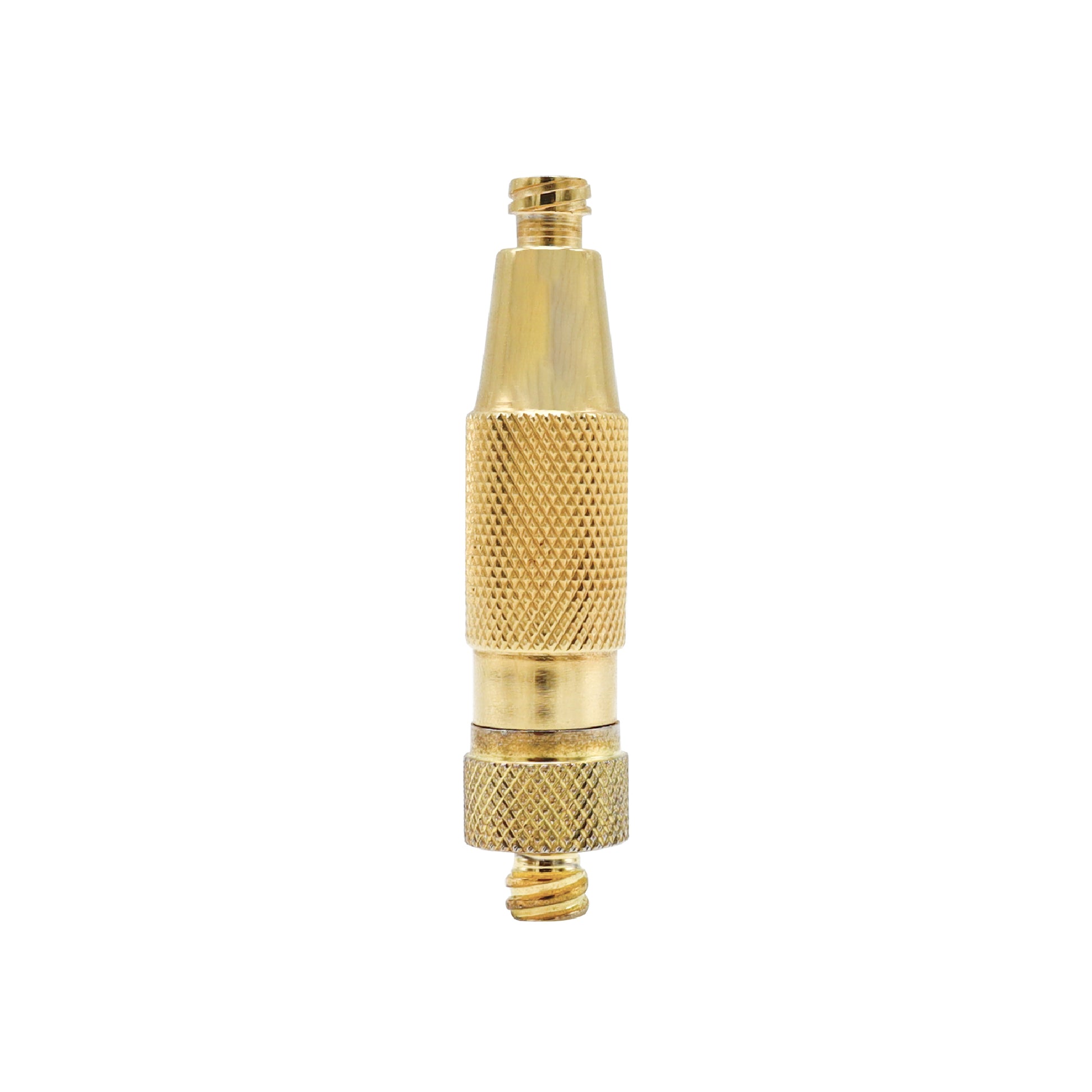 A precision-machined brass interchange adapter with a knurled grip, designed to connect a threaded fitting to a standard Luer lock medical device, commonly used with liposuction cannulas.
