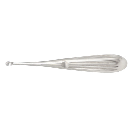 Bruns Spratt bone curette stainless steel orthopedic surgical instrument with a ribbed hollow handle and sharp oval cup tip.