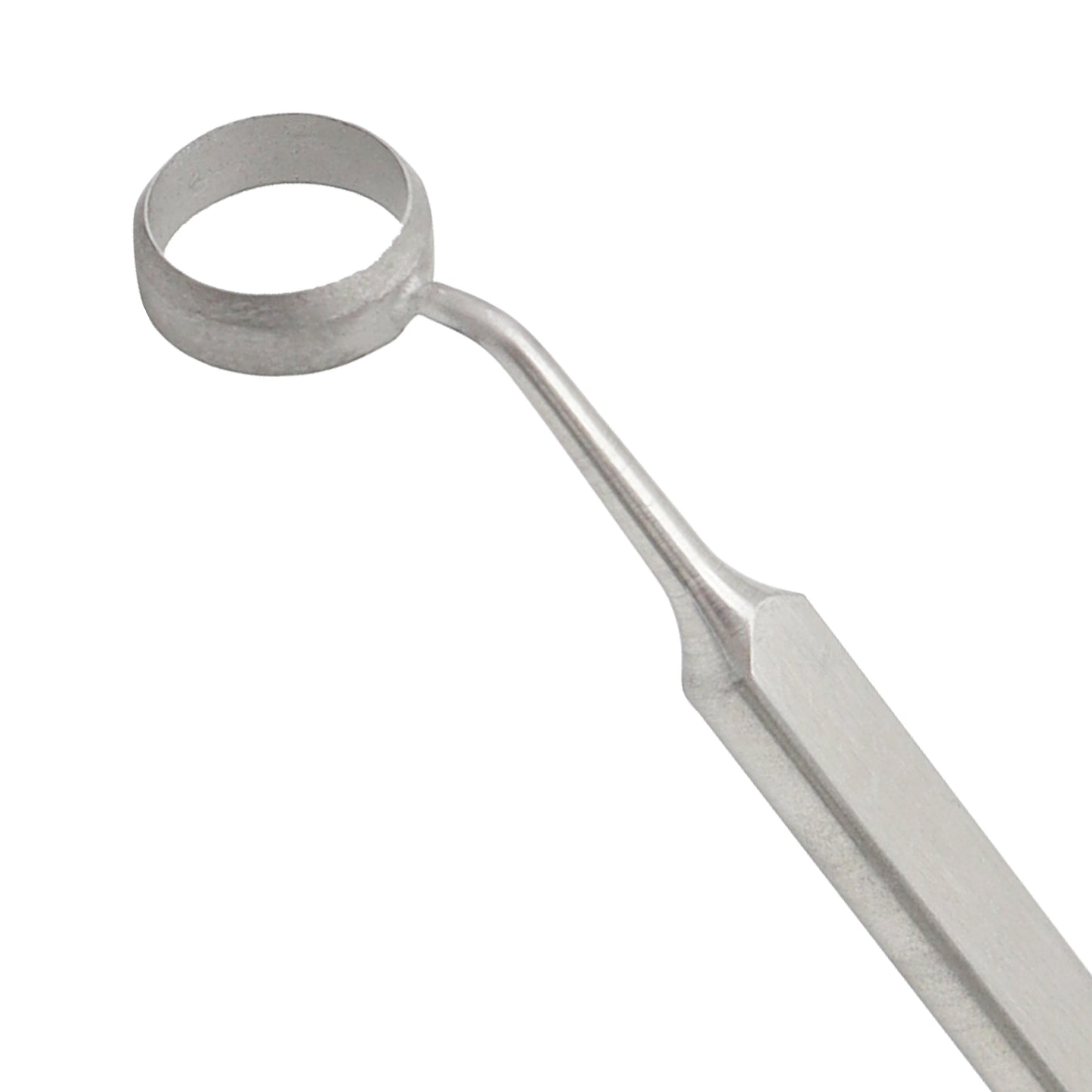Stainless steel Camellin style LASEK alcohol well and corneal marker with a flat handle.
