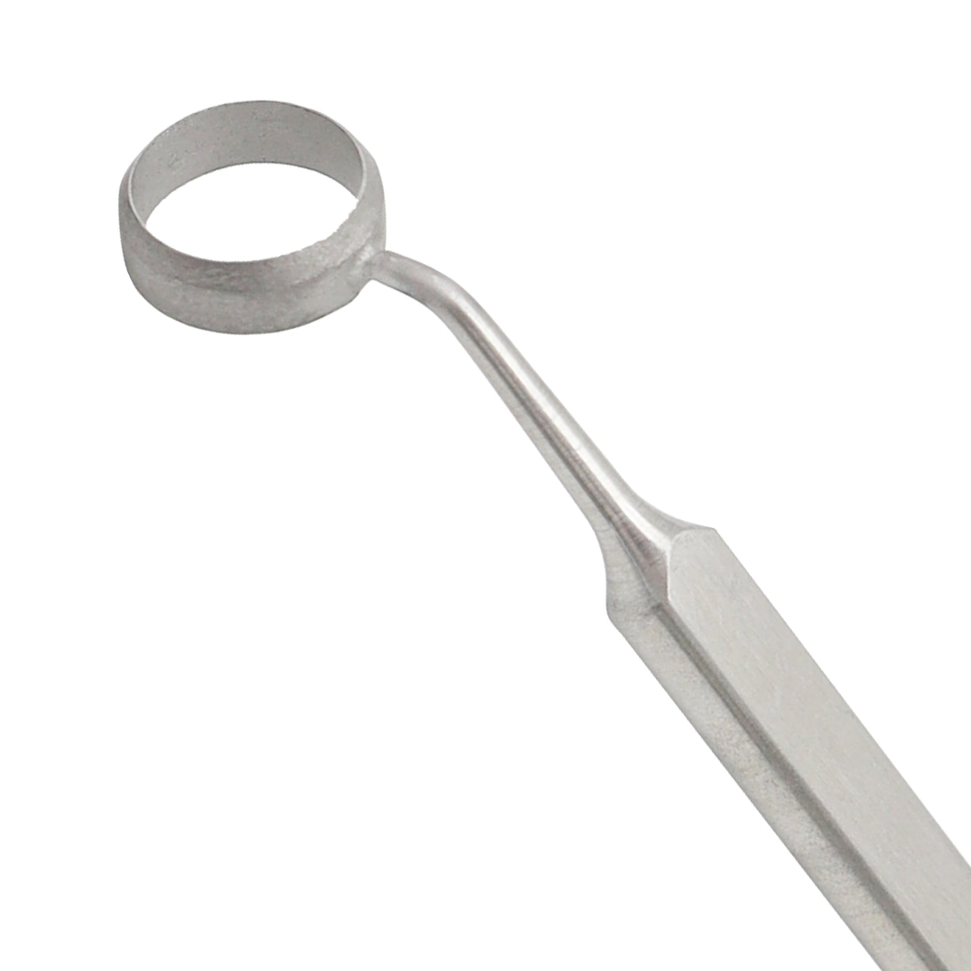 Stainless steel Camellin style LASEK alcohol well and corneal marker with a flat handle.