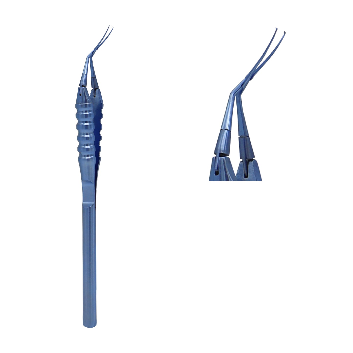 Inamura capsulorhexis forceps with 1.5 mm angled cross action tip used for controlled anterior capsule tearing in eye surgery.