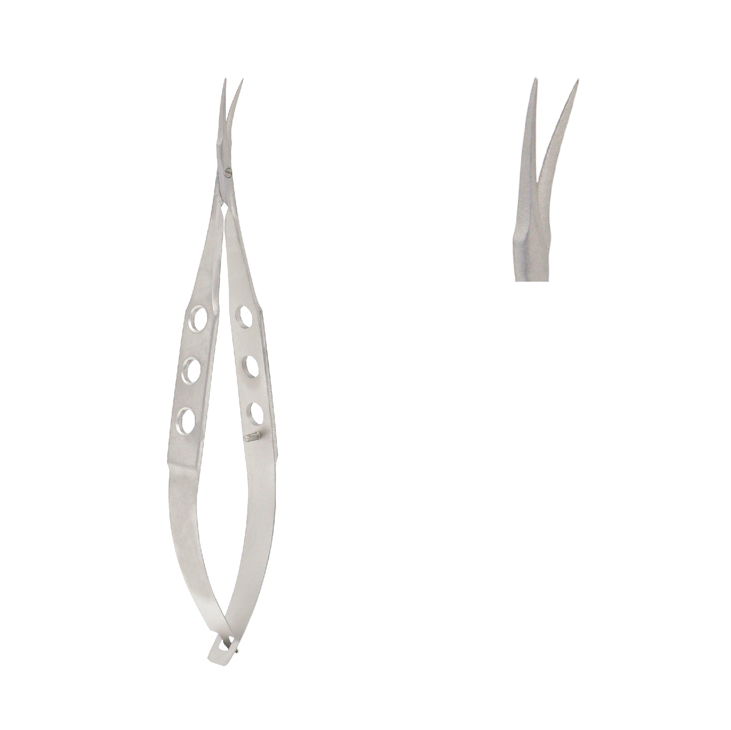 A pair of stainless steel Castroviejo corneal scissors with curved, sharp blades and a characteristic three-hole flat handle design, shown alongside a close-up of the scissor tips.