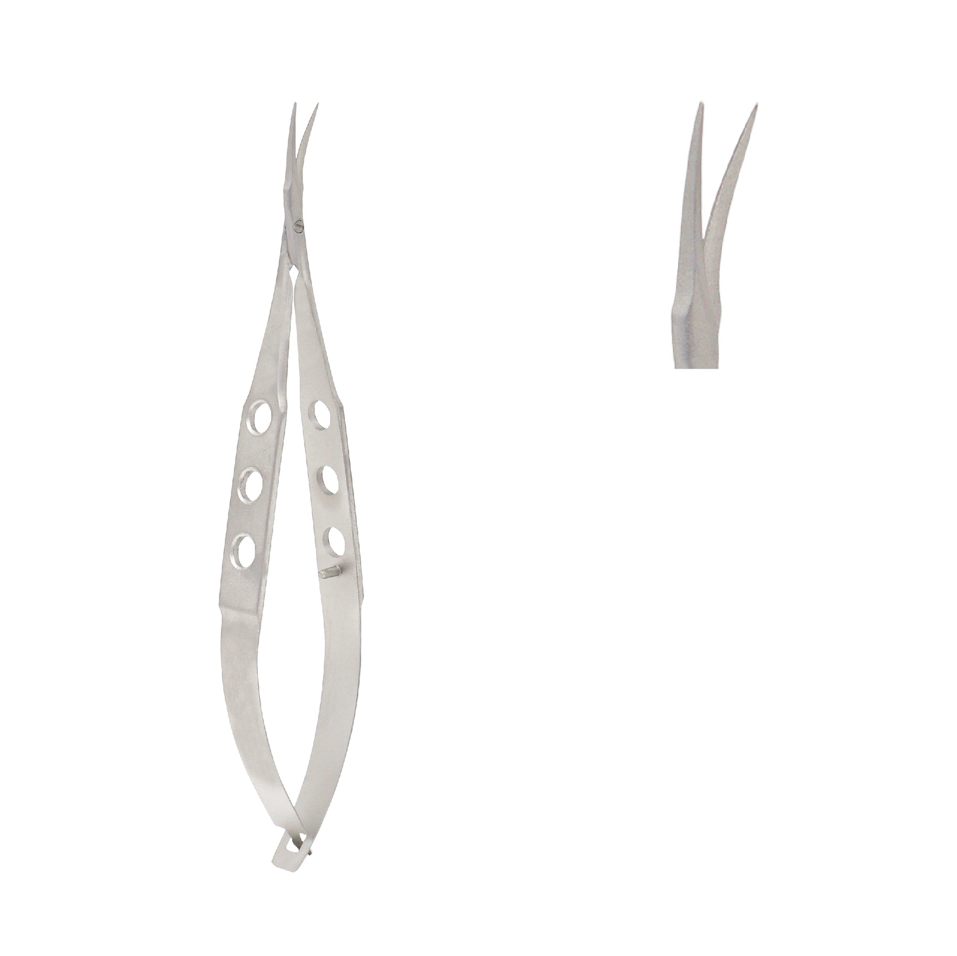 A pair of stainless steel Castroviejo corneal scissors with curved, sharp blades and a characteristic three-hole flat handle design, shown alongside a close-up of the scissor tips.