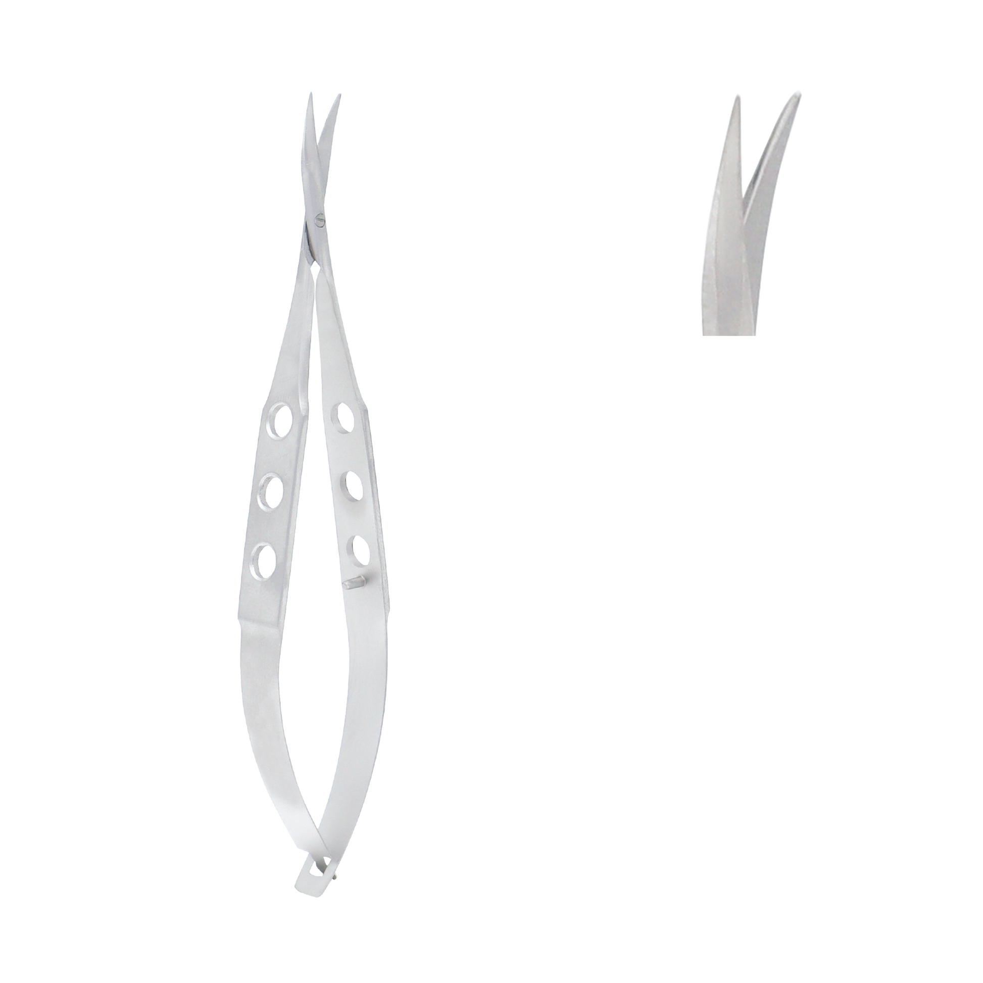 Castroviejo corneal scissors with curved stainless steel blades and a three-hole spring handle, shown alongside a close-up of the scissor tips.