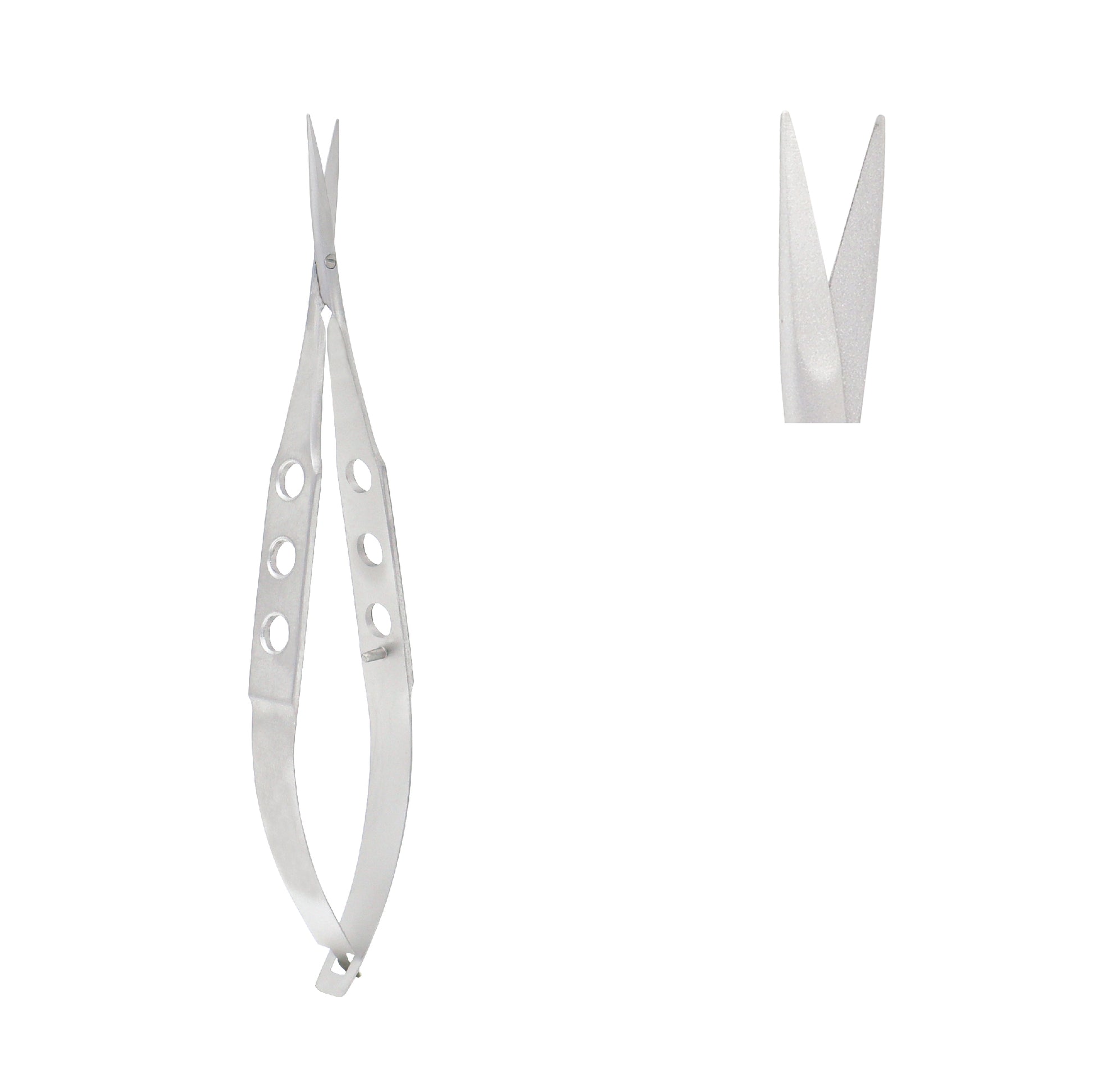 Castroviejo universal corneal scissors with flat three-hole handles and fine surgical blades for ophthalmic procedures.