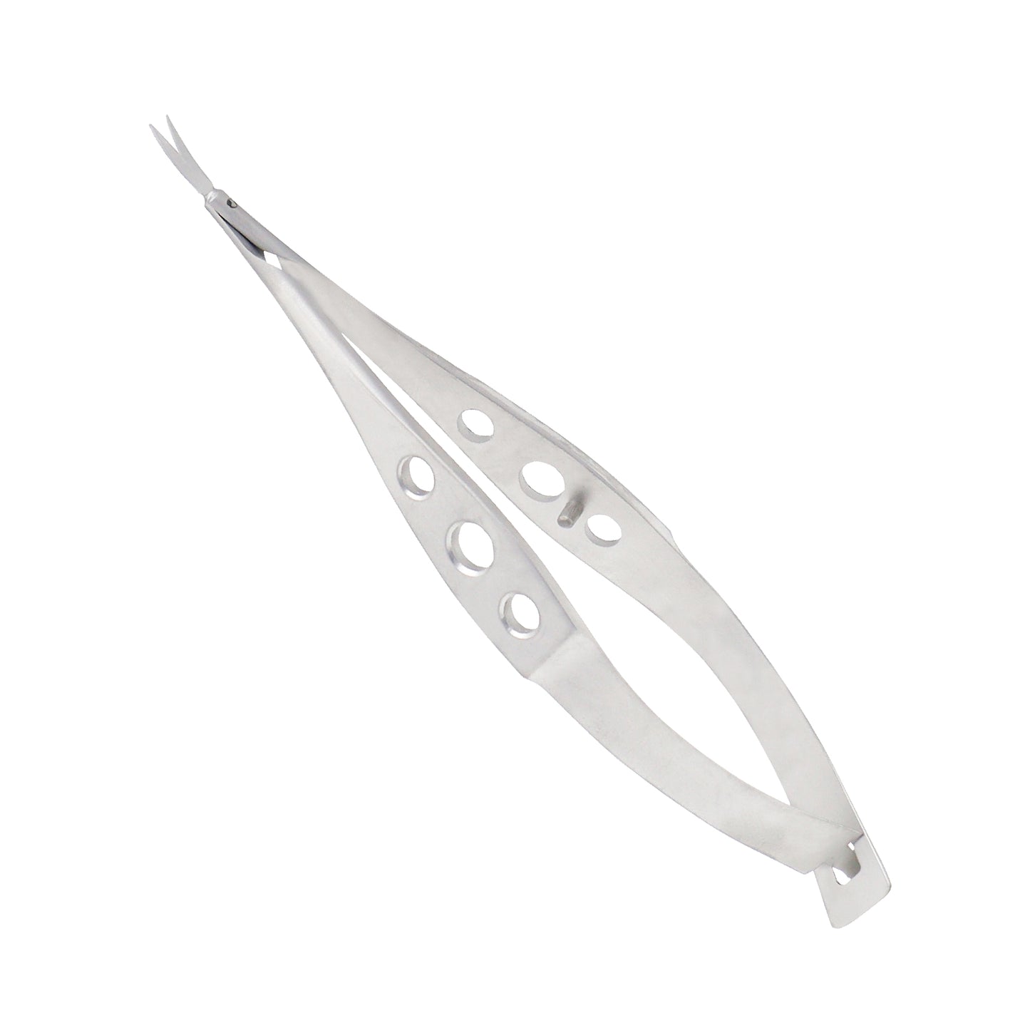 Castroviejo corneal scissors with curved stainless steel blades and a three-hole fenestrated spring handle.