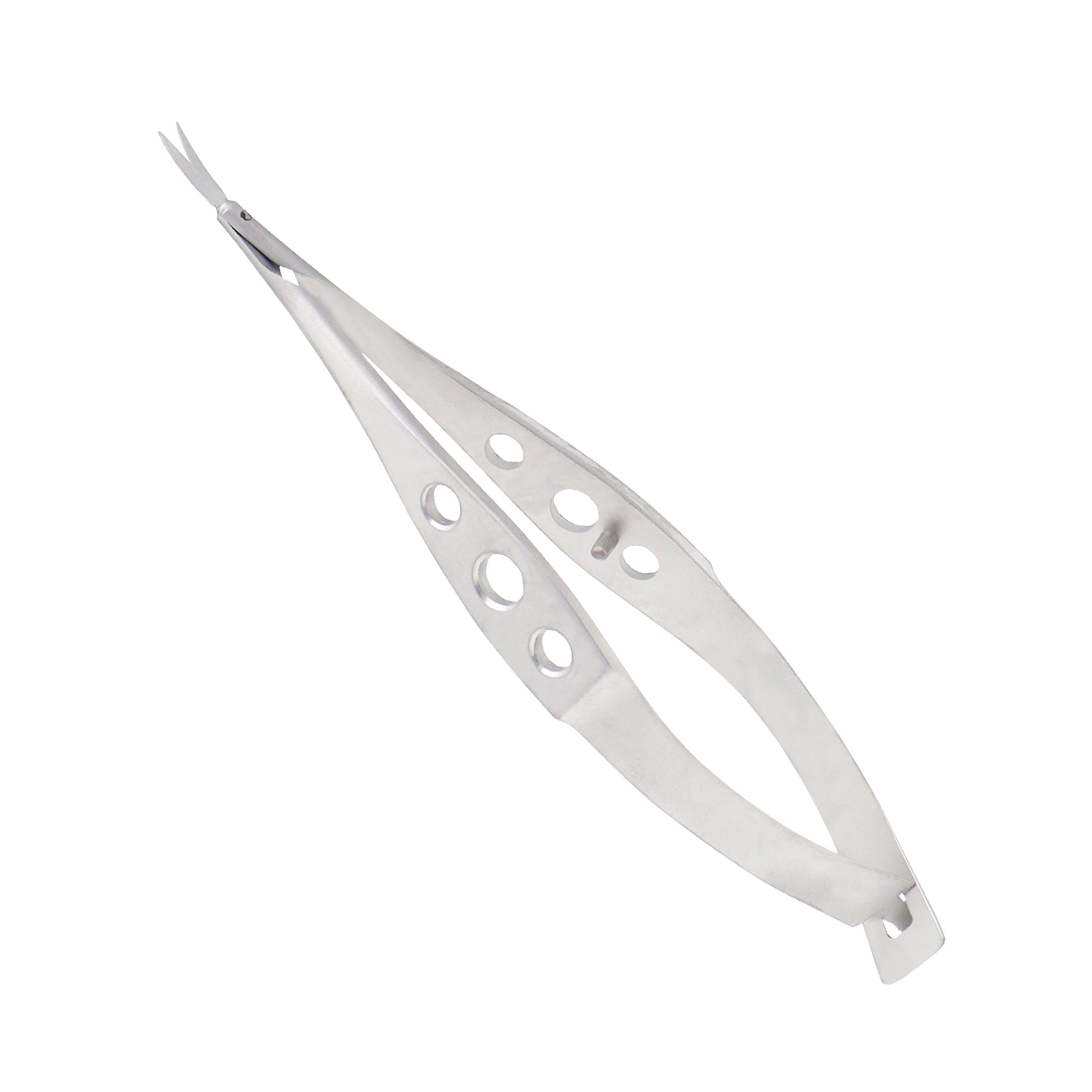 Castroviejo corneal scissors with curved stainless steel blades and a three-hole fenestrated spring handle.