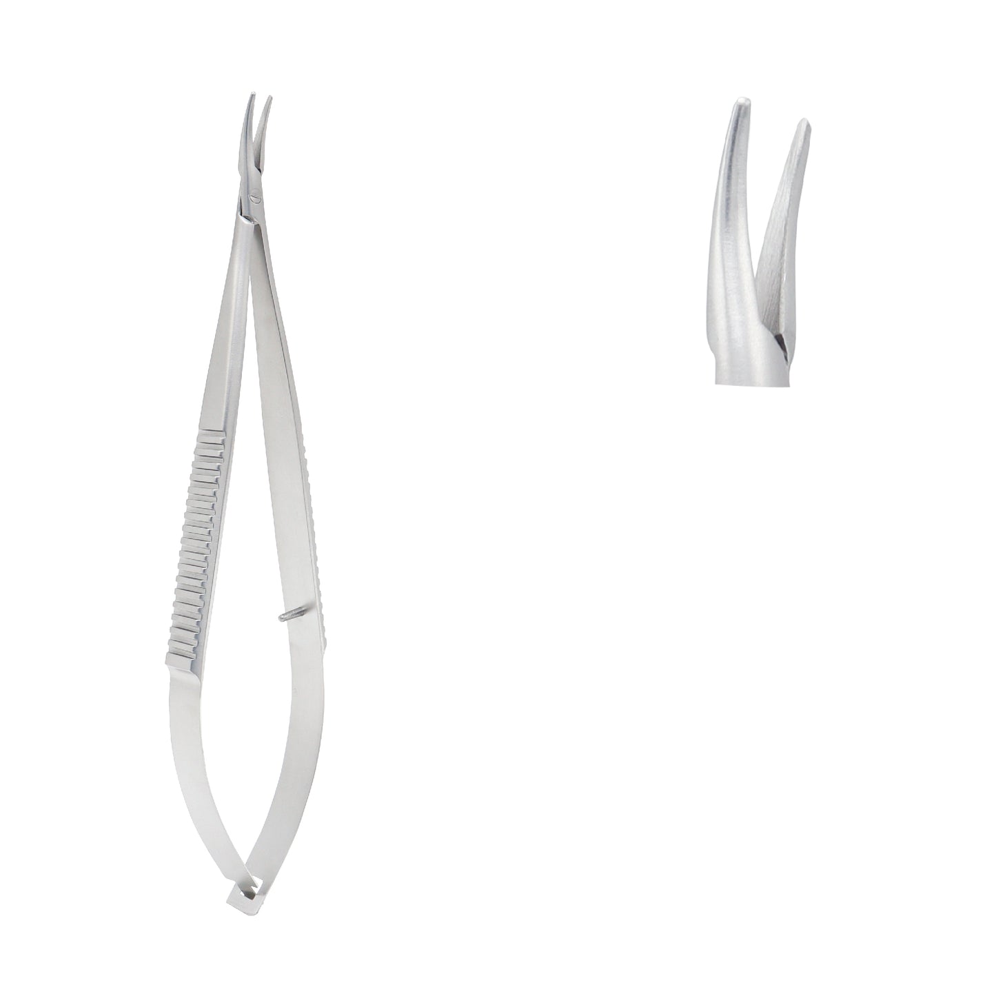 A stainless steel Castroviejo micro needle holder with a spring-action handle and curved tips, used for precision suturing in microsurgery.