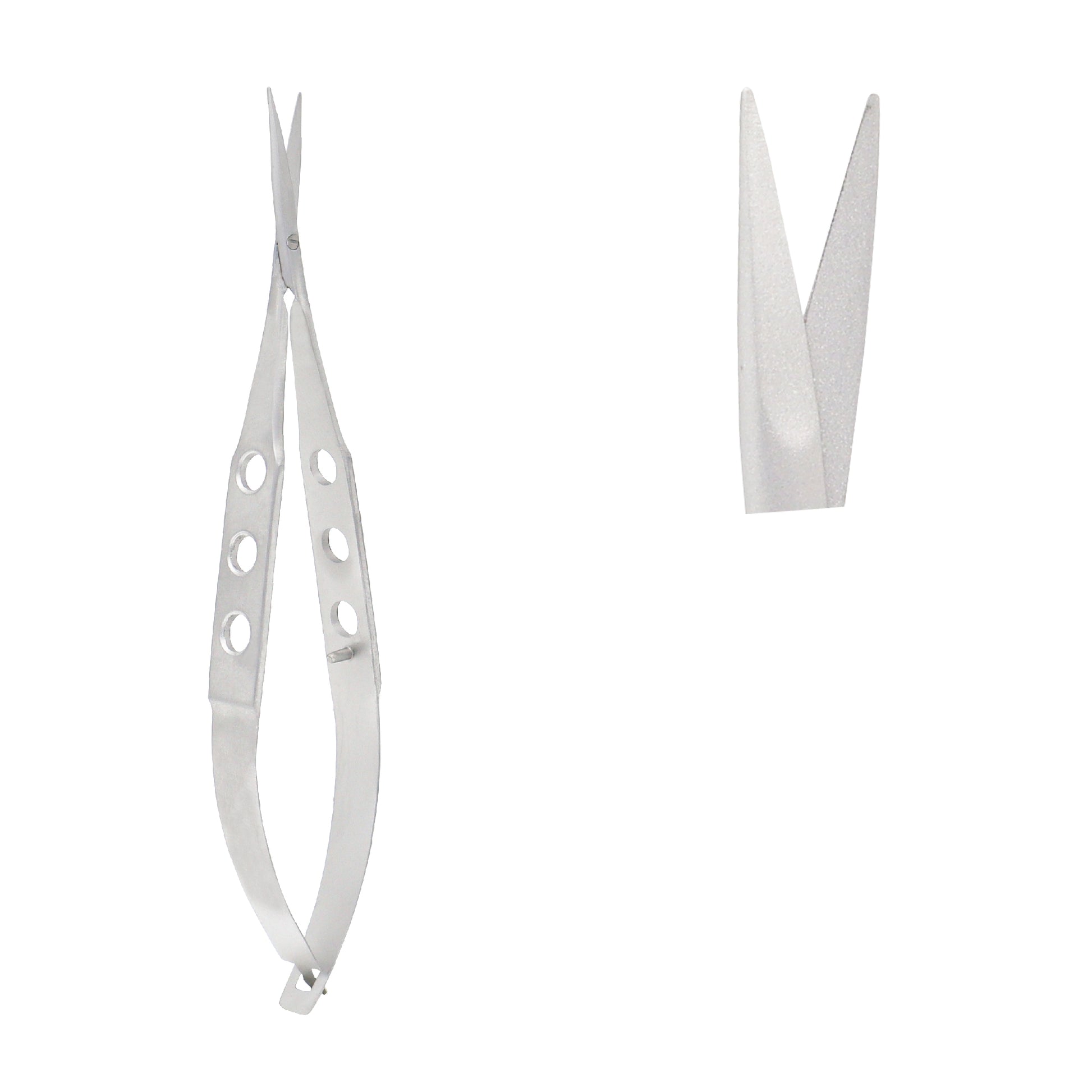 Castroviejo micro-surgical scissors with straight blades and fenestrated spring handles on a white background.