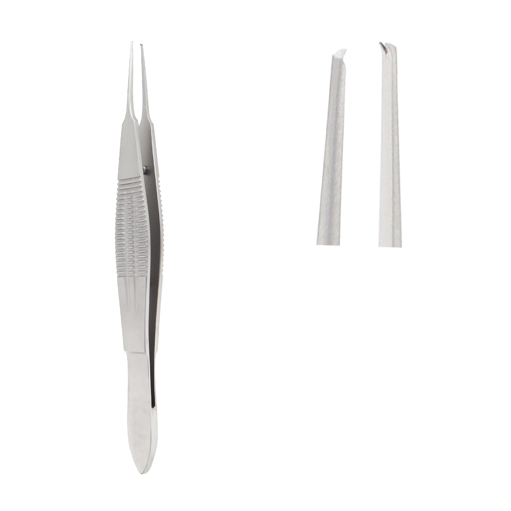 A pair of silver stainless steel Castroviejo suture forceps with a wide, ribbed handle and fine tips, shown alongside close-up views of the 1x2 teeth used for grasping ocular tissue.
