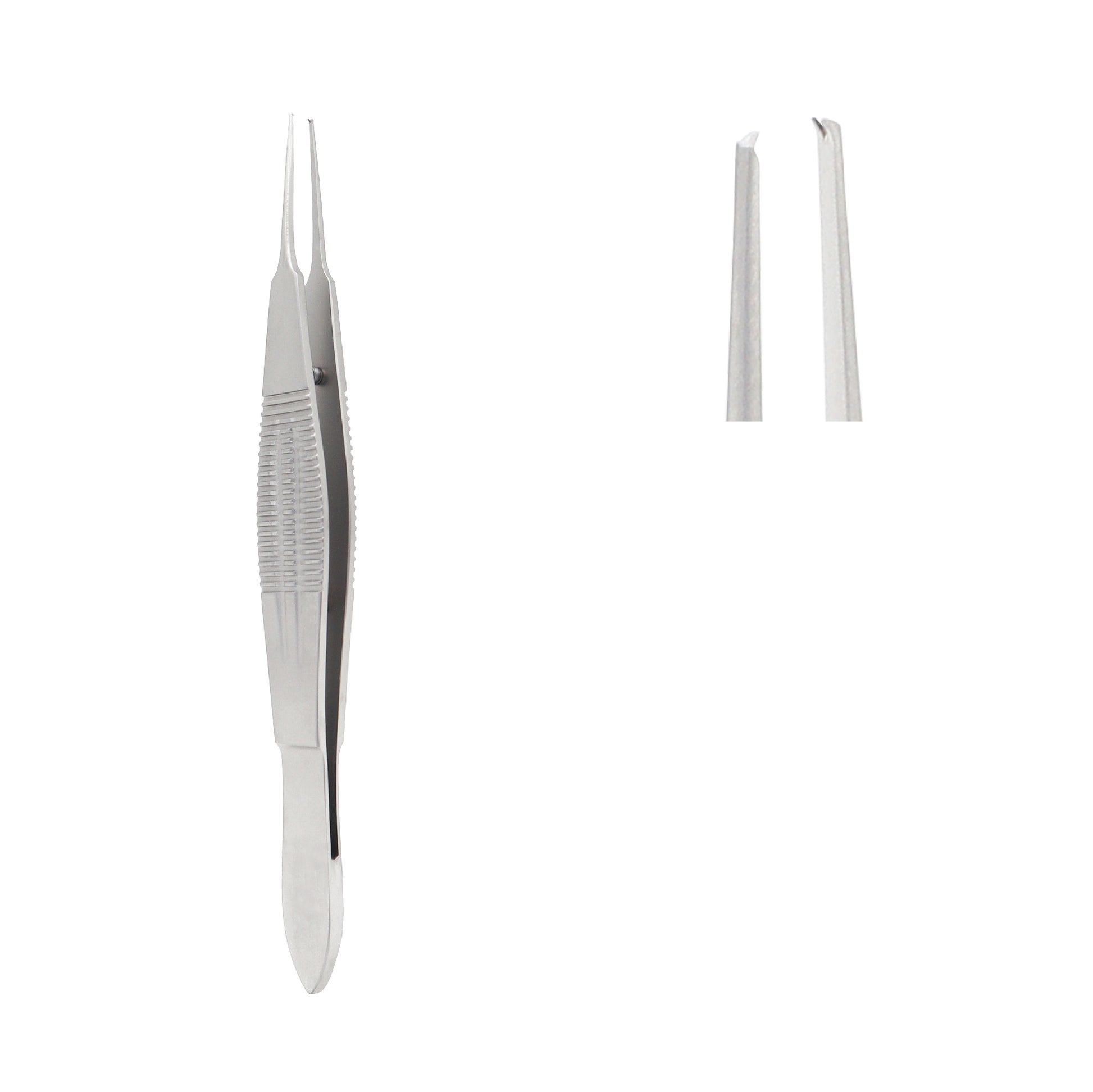 A pair of silver stainless steel Castroviejo suture forceps with a textured grip and fine 1x2 teeth at the tips, shown alongside a close-up detail of the grasping ends.