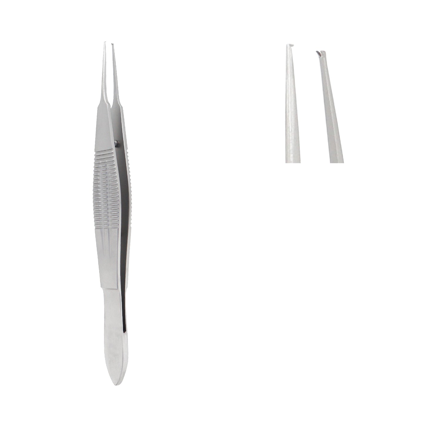 Stainless steel Castroviejo suture forceps with a wide, serrated handle and 1x2 toothed micro tips for ophthalmic surgery.