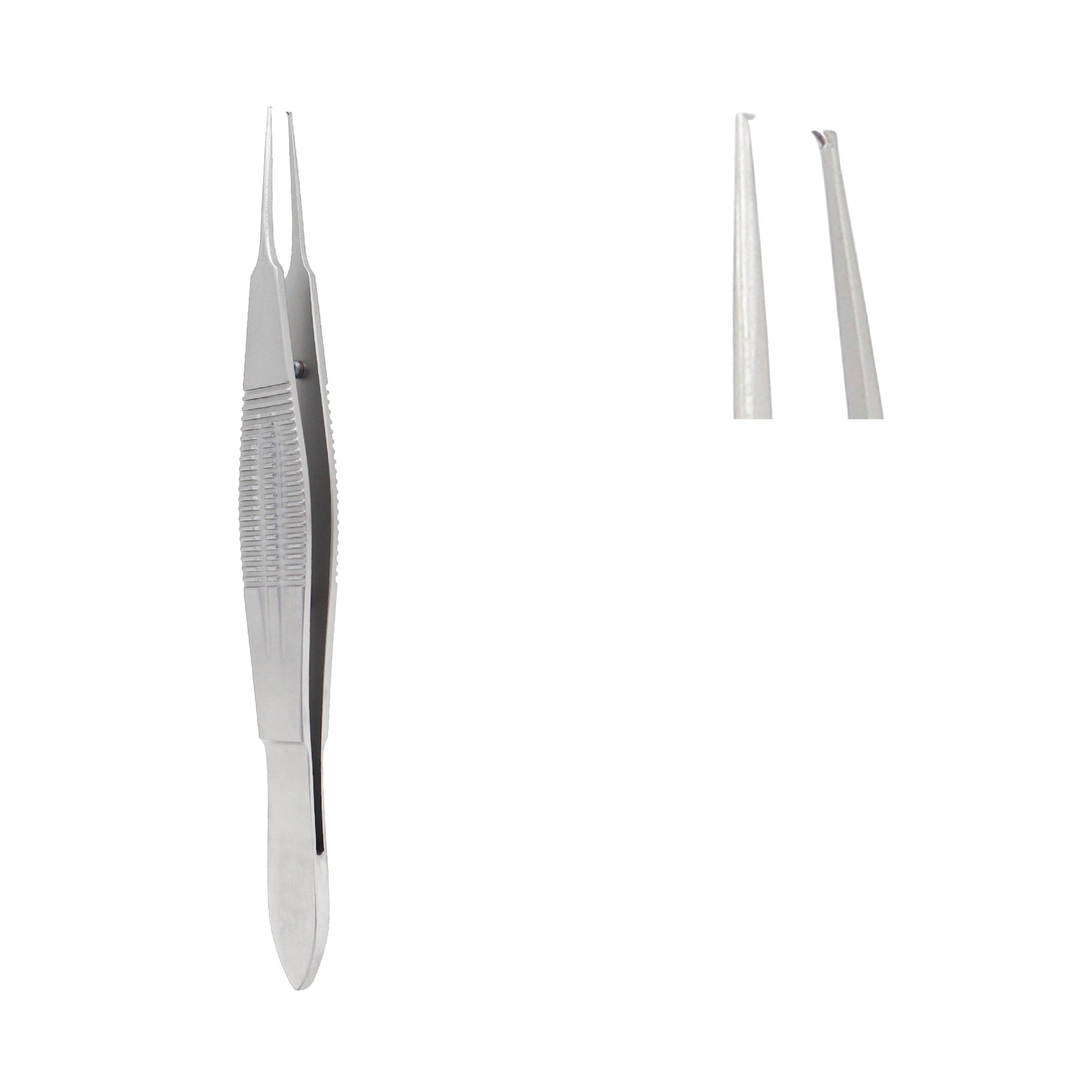 Stainless steel Castroviejo suture forceps with a wide, serrated handle and 1x2 toothed micro tips for ophthalmic surgery.