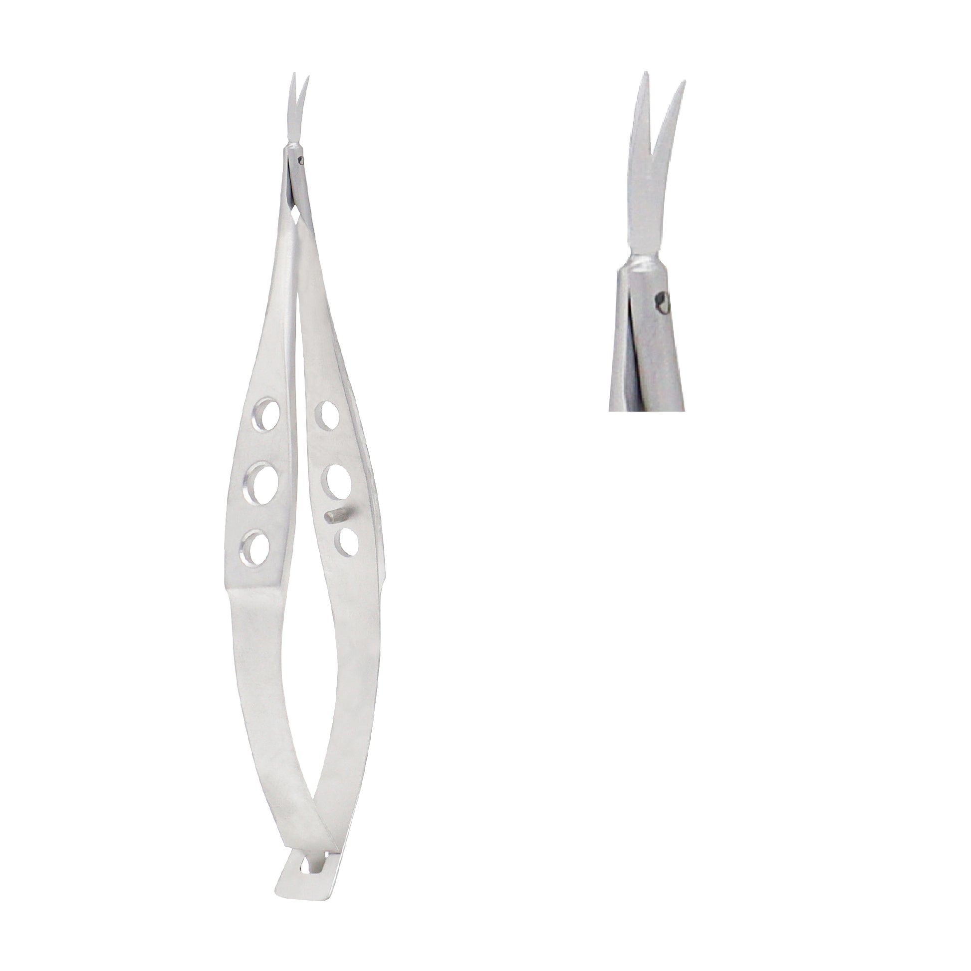 Castroviejo Universal Corneal Scissors with curved blunt blades and ergonomic three-hole spring handle for ophthalmic surgery.