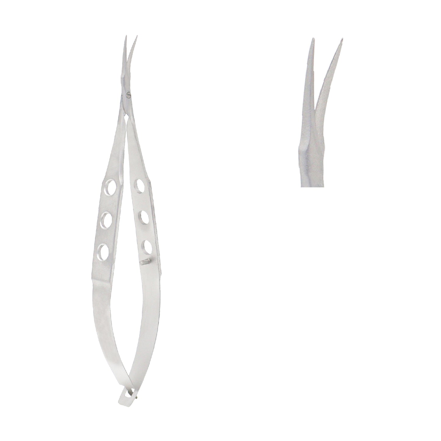 A pair of stainless steel Castroviejo corneal scissors with curved blades and a 3-hole spring-action handle, used in ophthalmic surgery.