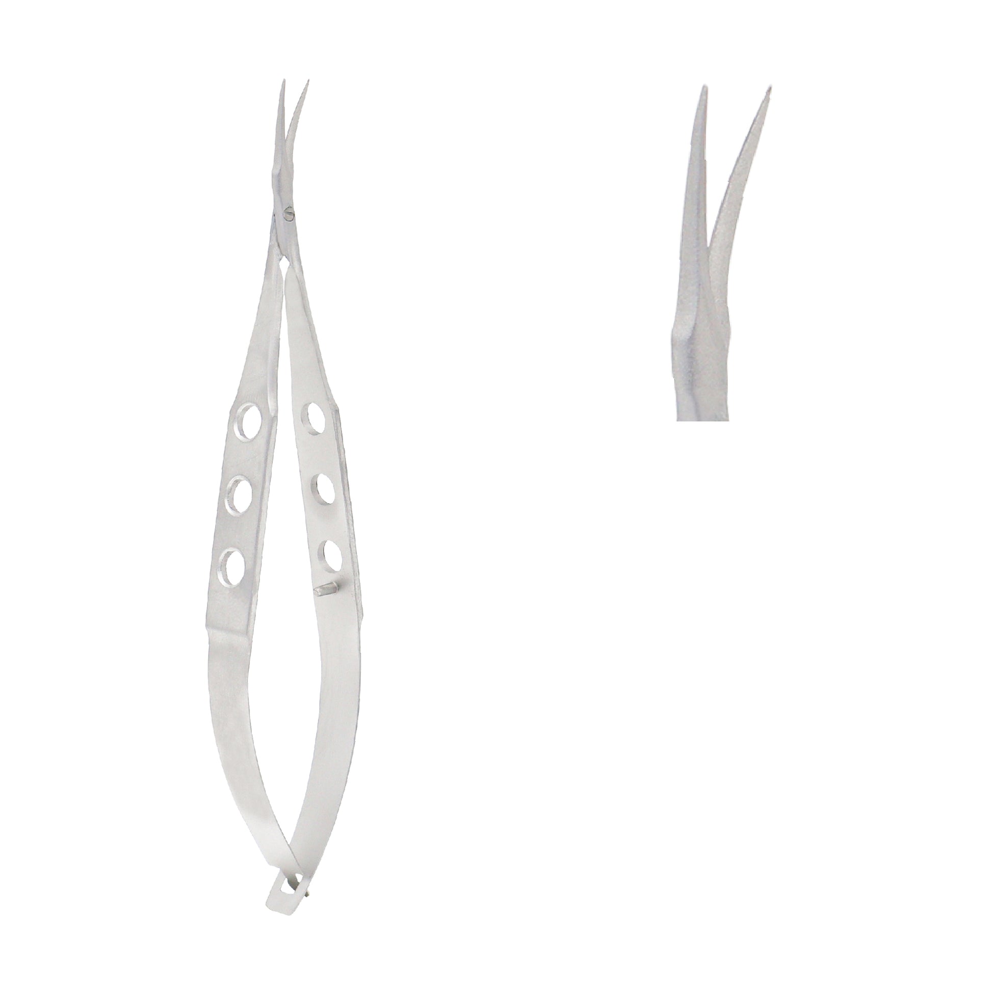 A pair of stainless steel Castroviejo corneal scissors with curved blades and a 3-hole spring-action handle, used in ophthalmic surgery.