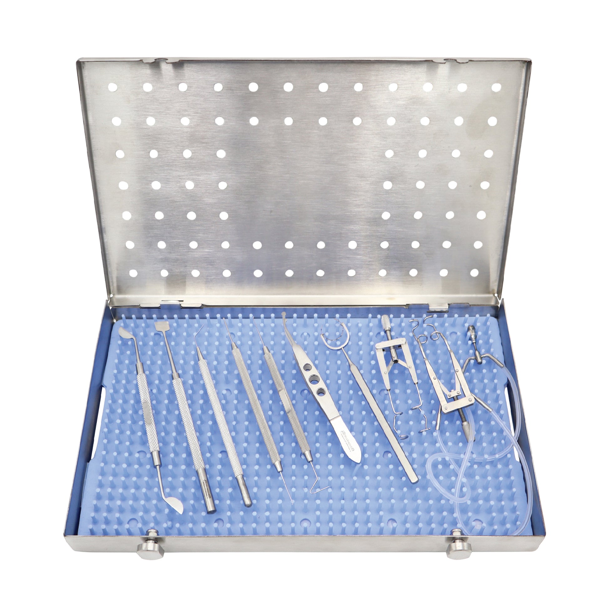 A 12-piece ophthalmic surgical instrument kit for cataract or LASIK procedures, organized in a perforated stainless steel sterilization tray with a blue silicone mat.
