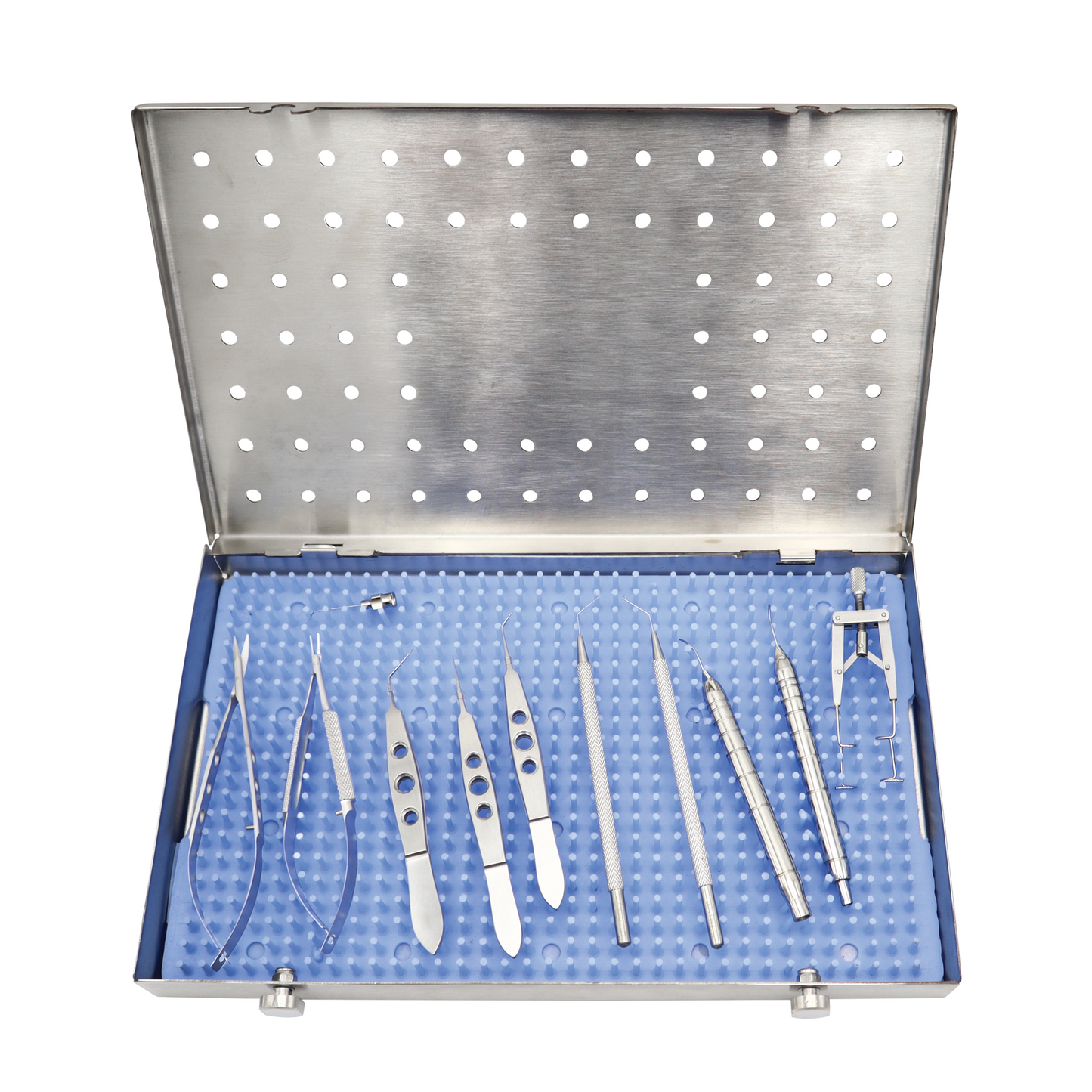 A cataract surgery precision instrument kit with various medical instruments neatly arranged inside a perforated, non-magnetic stainless steel tray.