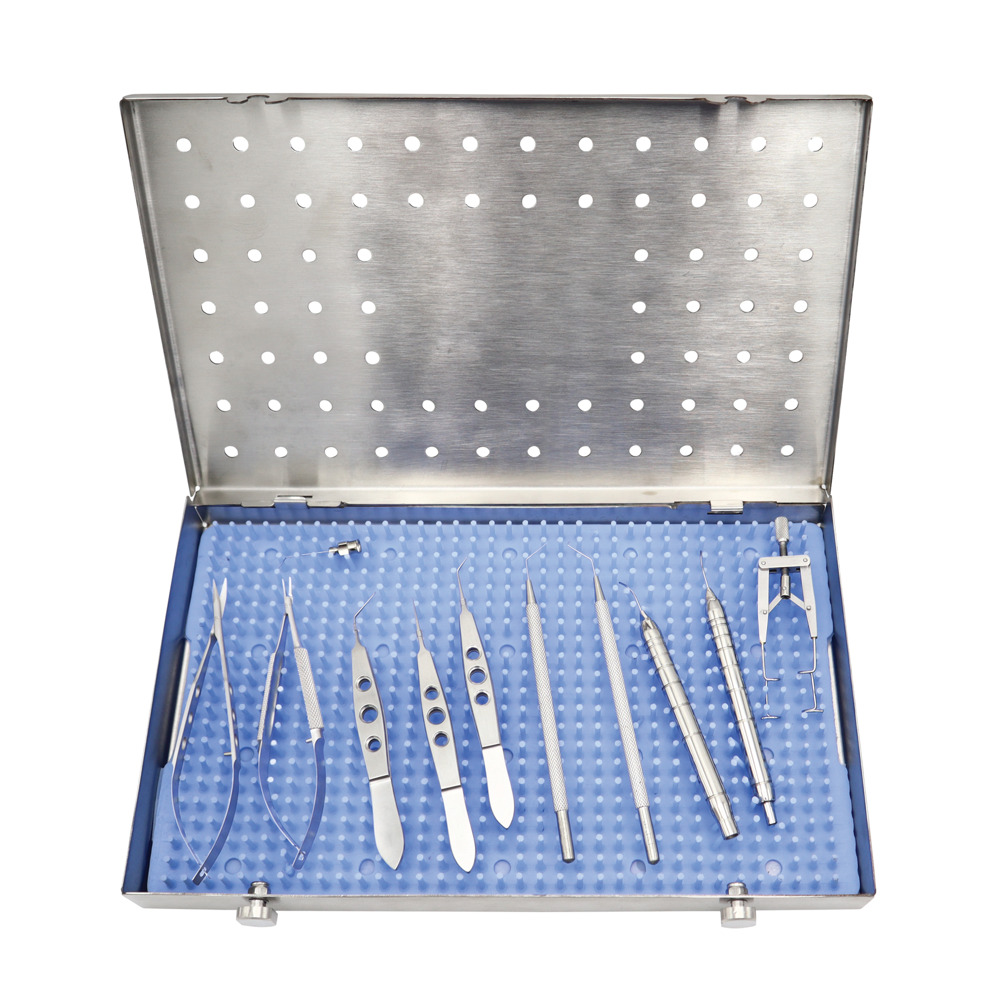 A cataract surgery precision instrument kit with various medical instruments neatly arranged inside a perforated, non-magnetic stainless steel tray.