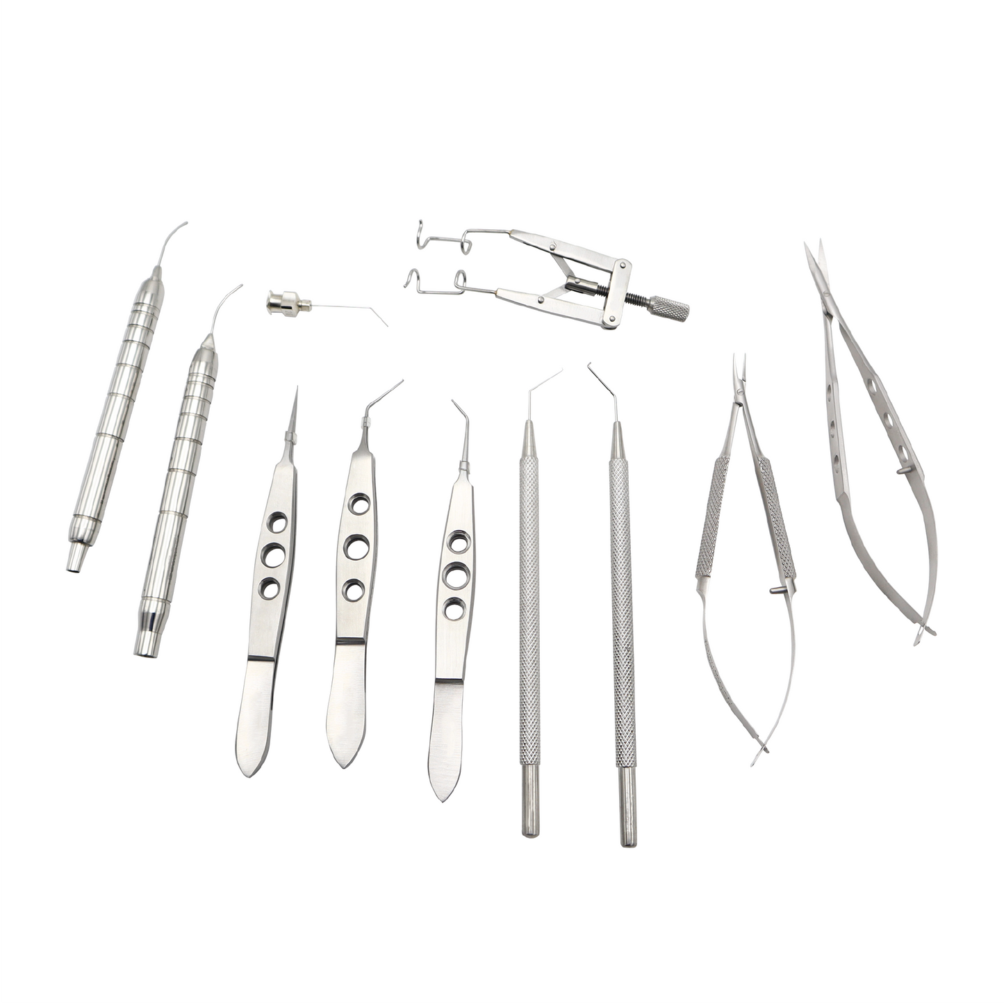 Cataract surgery instrument set with stainless steel ophthalmic tools for precise cataract procedures and professional surgical use.