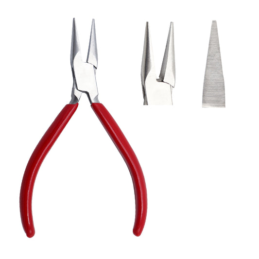 A pair of precision chain nose pliers with tapered smooth jaws and ergonomic red PVC-coated handles, used for jewelry making and wire wrapping.