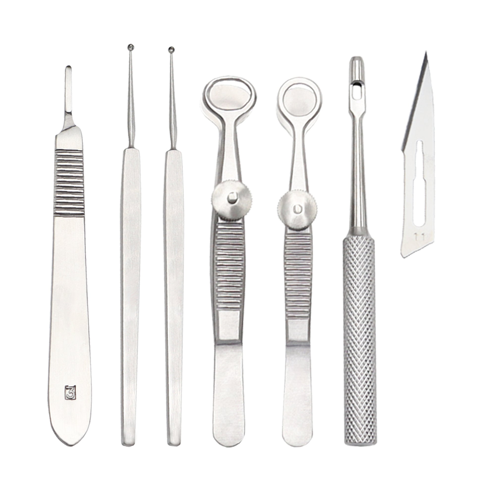 A 7-piece stainless steel ophthalmic surgical kit including a No. 3 scalpel handle, examination probes, chalazion forceps, a needle holder, and a #11 scalpel blade, all laid out on a white background.