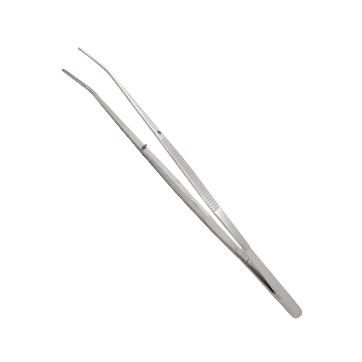 Stainless steel college cotton pliers with a curved serrated tip and alignment pin on a solid white background.