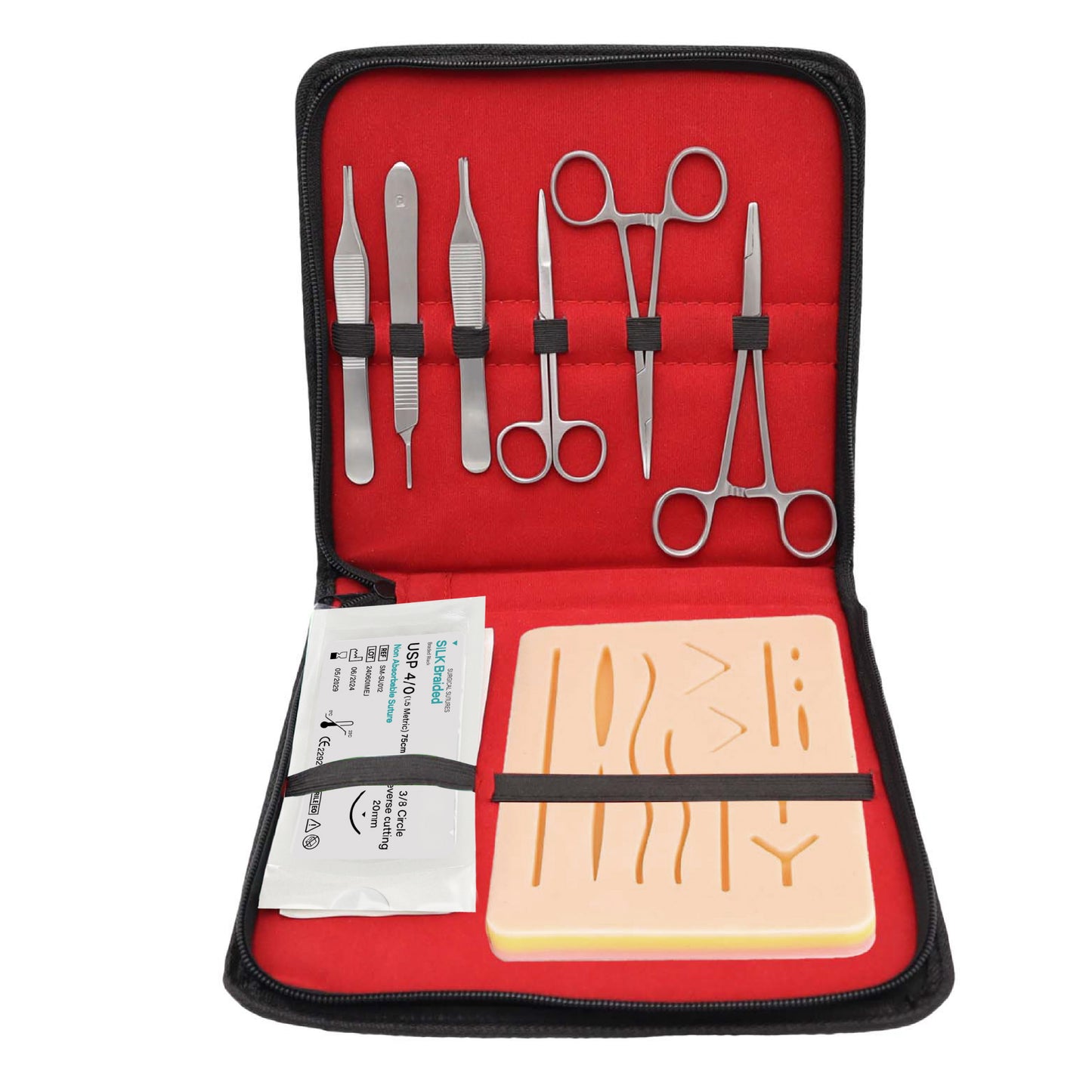 Complete student suture kit for medical students used for surgical suture practice and medical simulation training