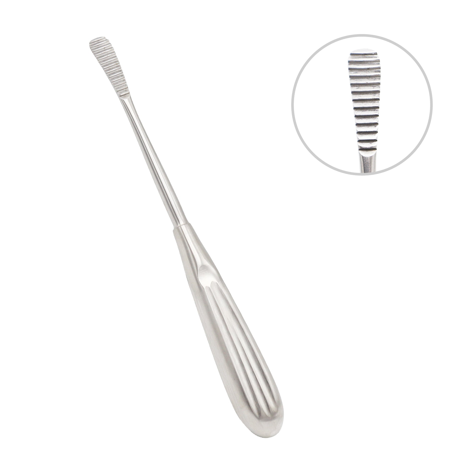 Stainless steel Cottle nasal rasp medical instrument with a ribbed handle and a serrated blade for rhinoplasty surgery, shown with a circular zoomed-in detail of the fine teeth.