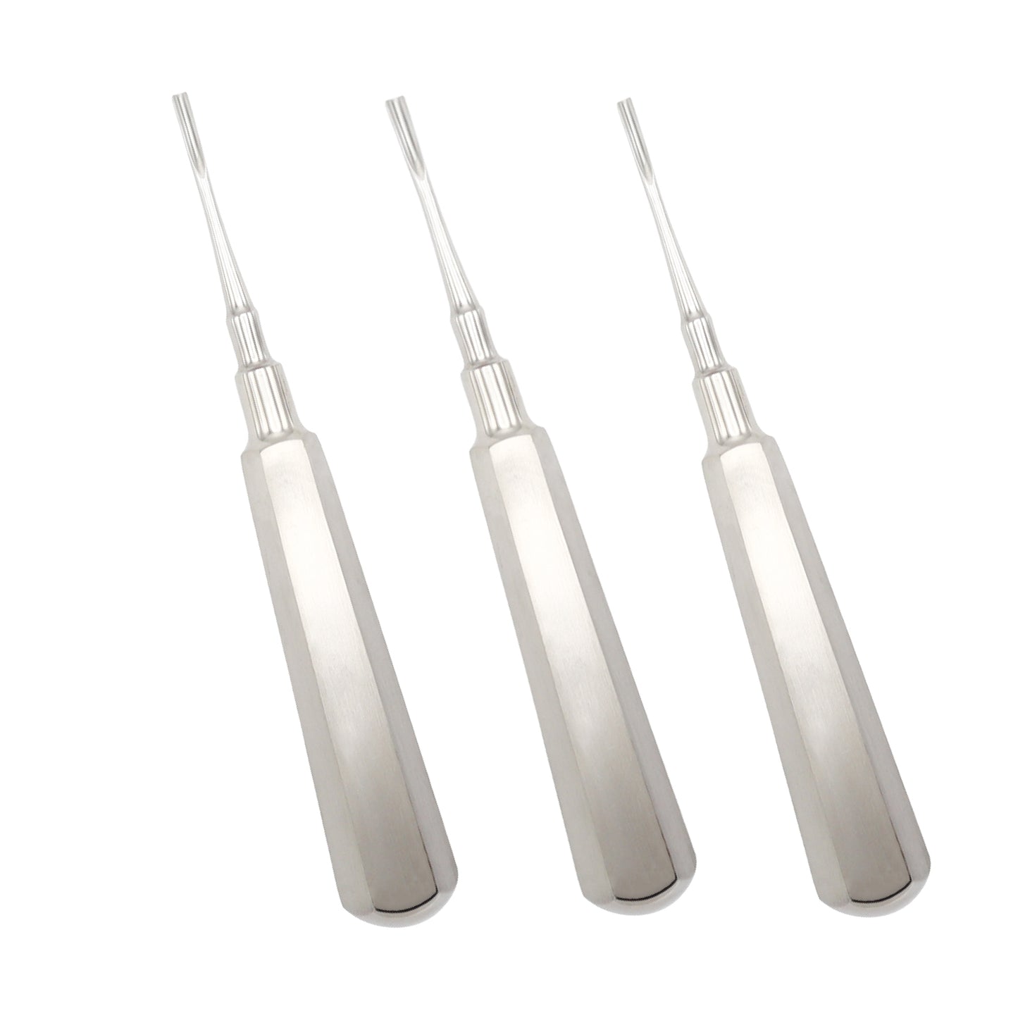Set of three Coupland dental root elevators in sizes 1, 2, and 3 made of polished stainless steel for tooth extractions.