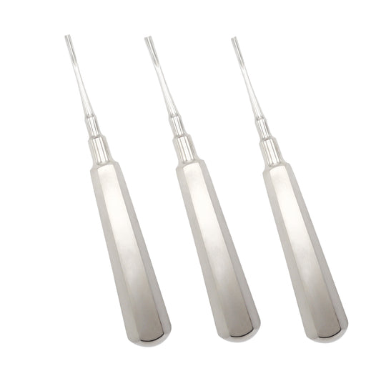 Set of three Coupland dental root elevators in sizes 1, 2, and 3 made of polished stainless steel for tooth extractions.