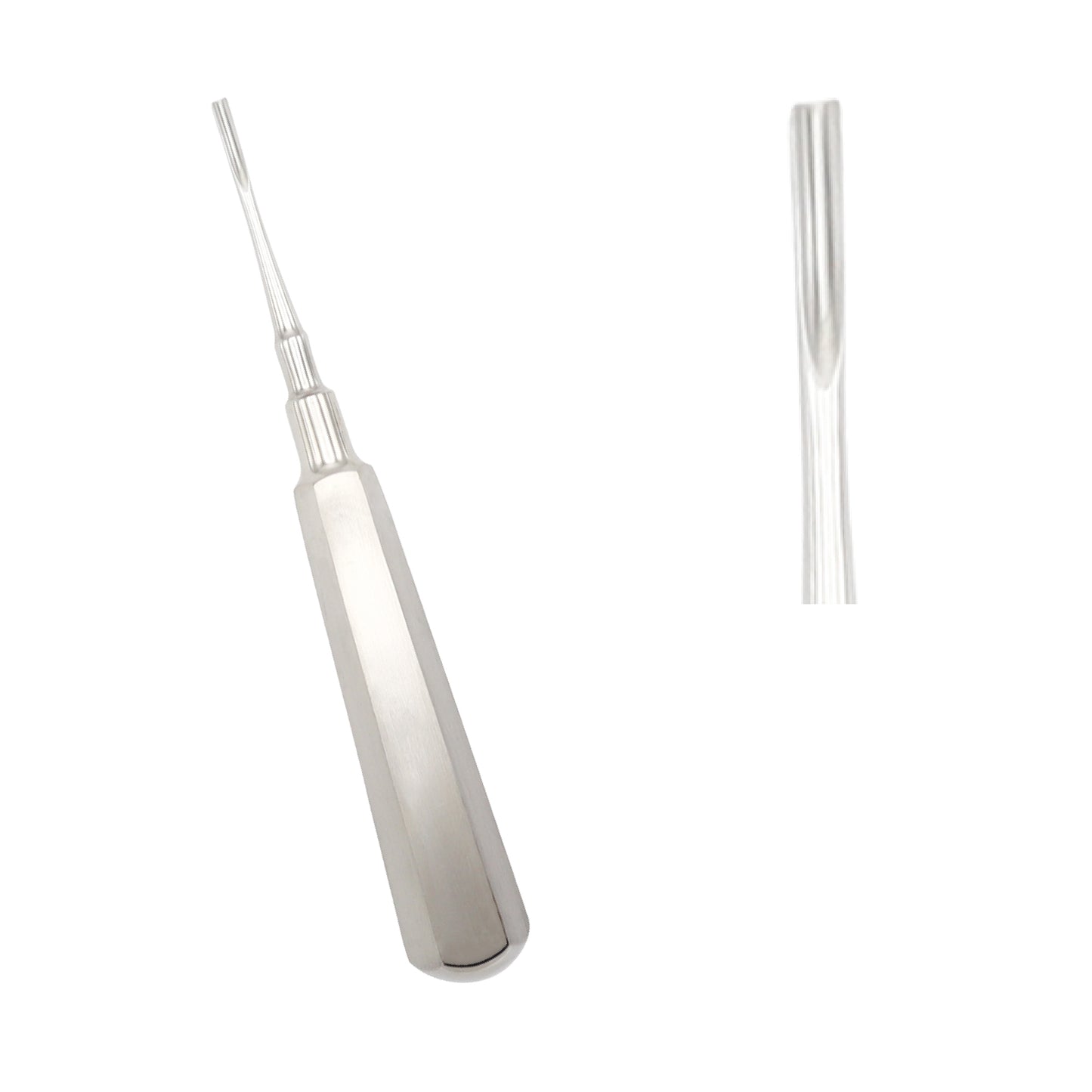 Stainless steel Coupland dental root elevator surgical instrument for tooth extraction shown next to a close-up cropped view of its straight chiseled tip, isolated on a white background.