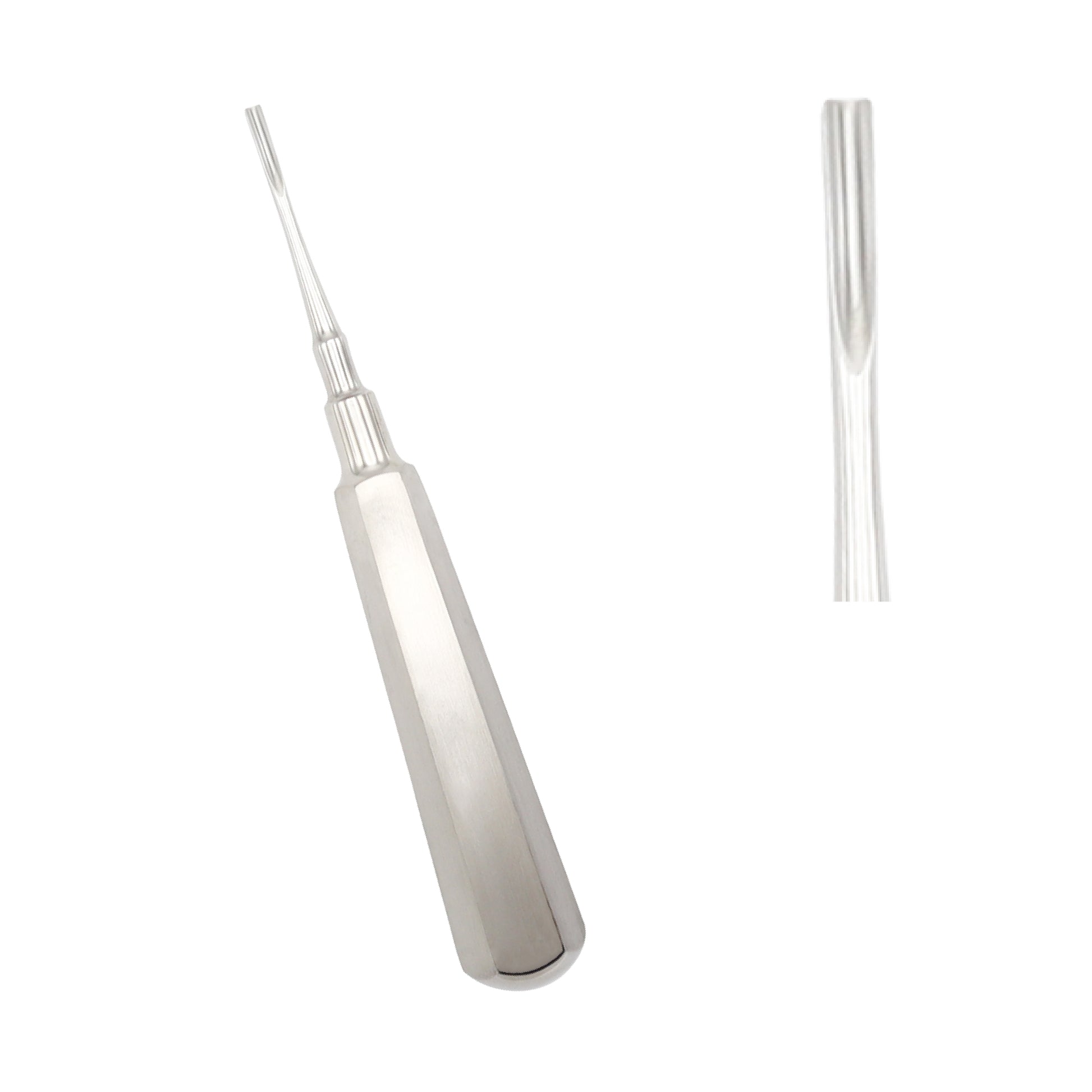 Coupland dental root elevator stainless steel tool with a straight, hollow-ground tip for tooth extraction and root elevation.