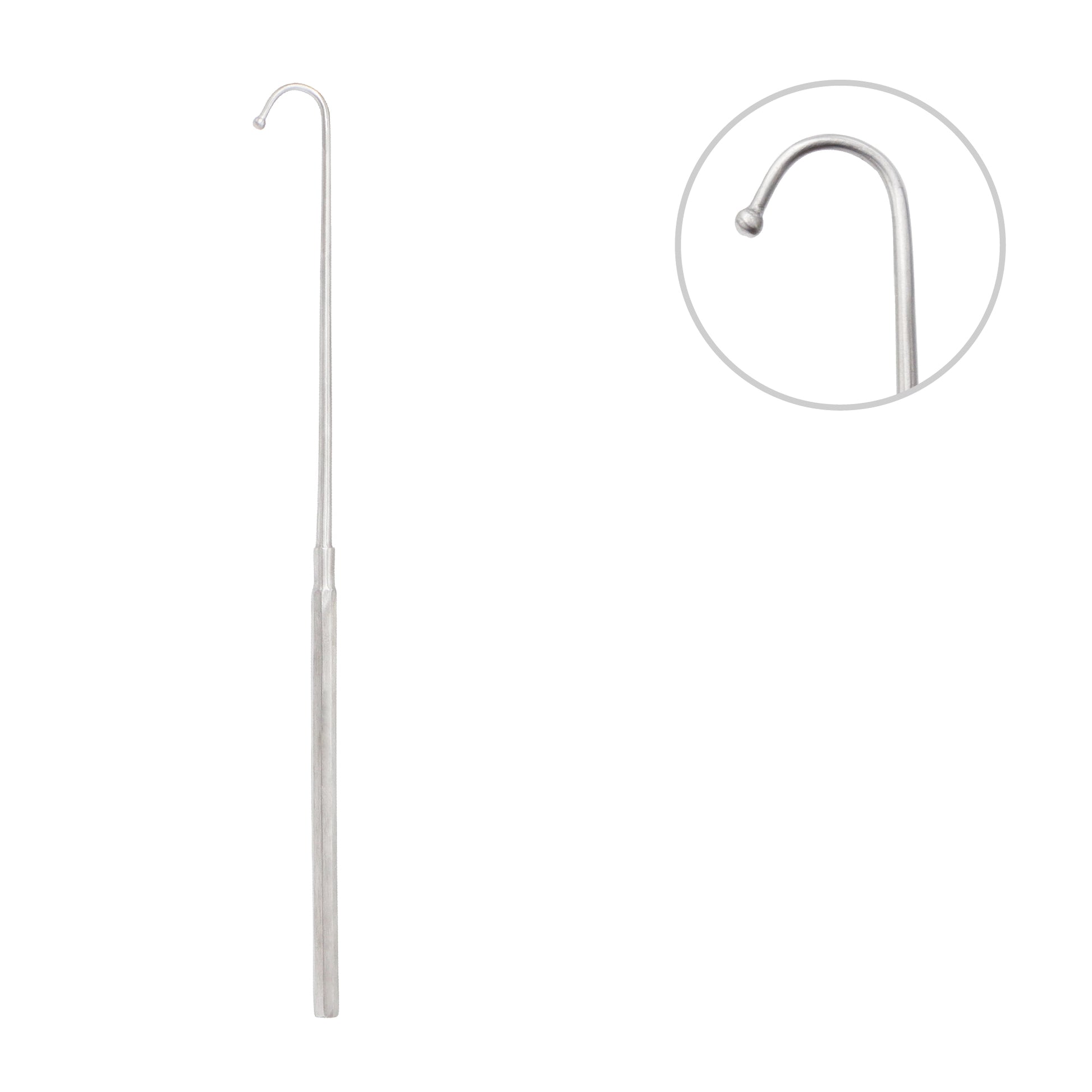 Stainless steel Covalt spay hook veterinary surgical instrument with a long handle and a curved blunt ball tip for safely locating uterine horns.