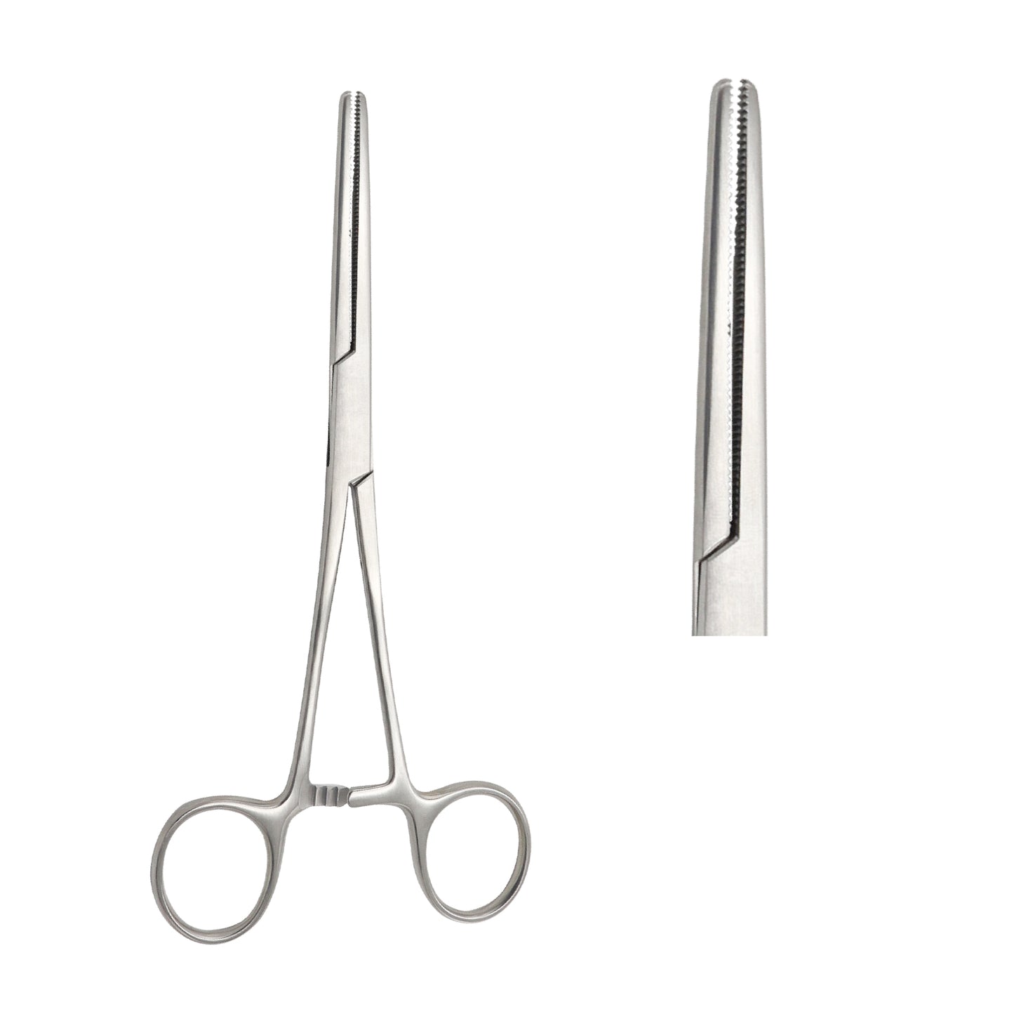 Straight Crile-Rankin hemostatic forceps with fully serrated jaws and a ratchet locking finger ring handle for surgical clamping.