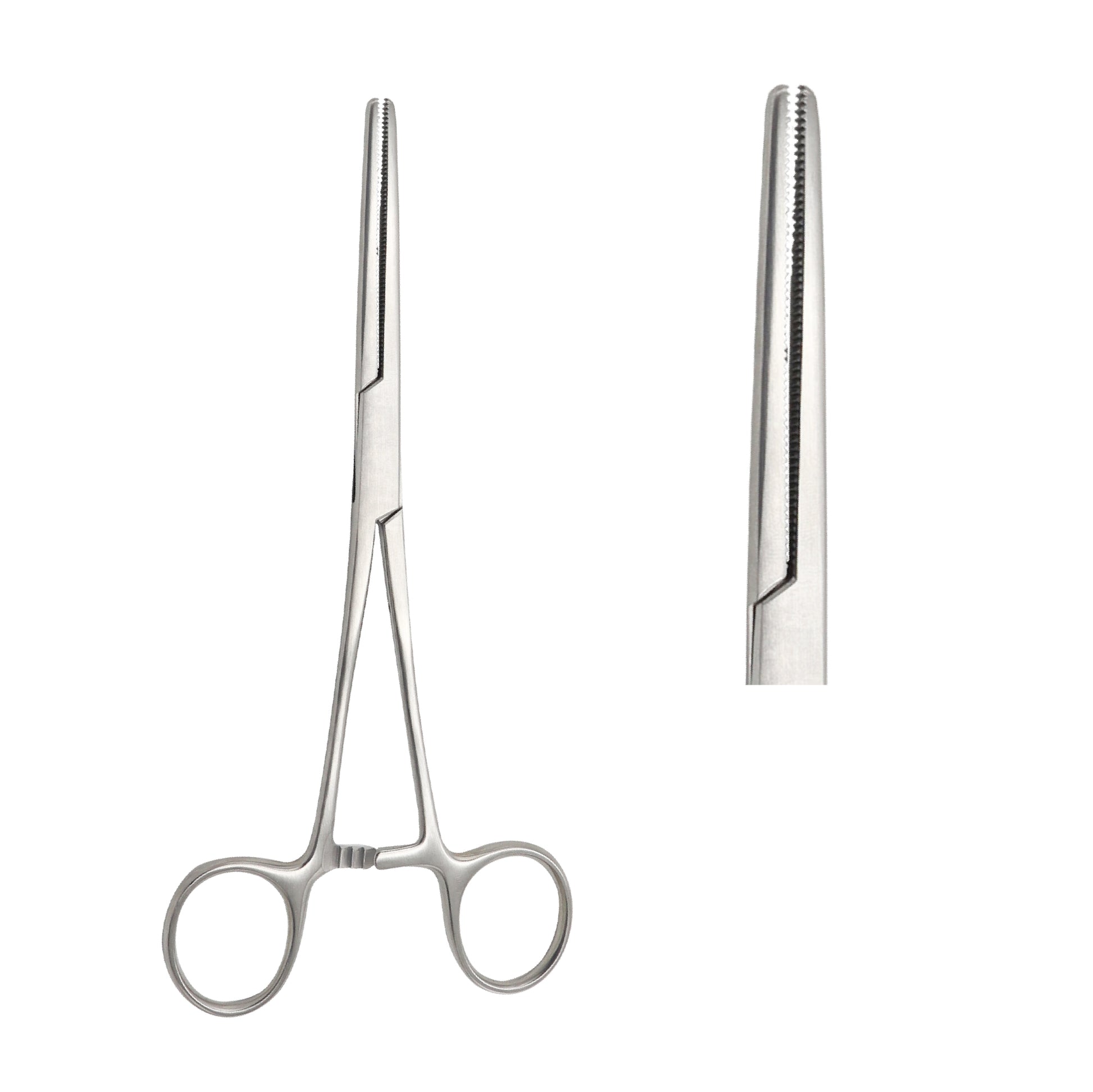 Straight Crile-Rankin hemostatic forceps with fully serrated jaws and a ratchet locking finger ring handle for surgical clamping.