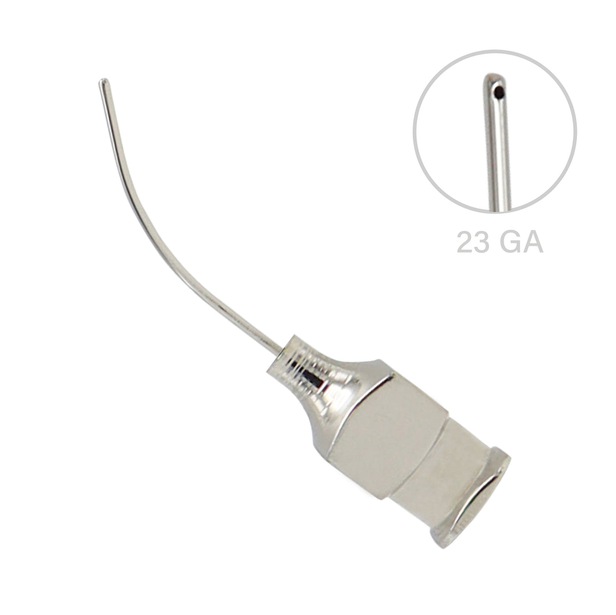 Curved metal dispensing needle with Luer lock base for industrial and laboratory fluid dispensing.