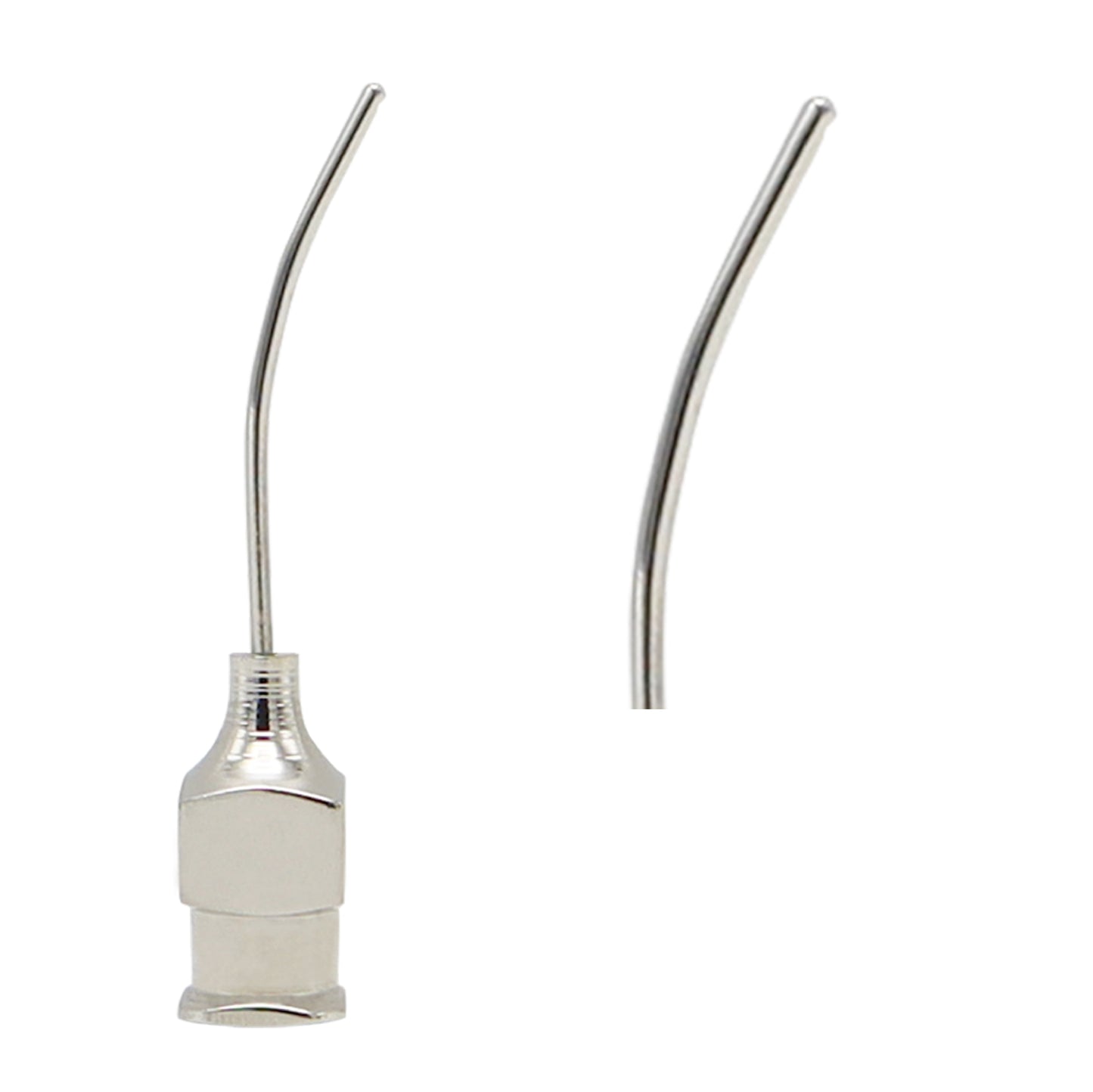 A curved blunt-tip ophthalmic irrigation cannula featuring a thin stainless steel shaft connected to a metal Luer lock hub, shown alongside a detached curved tube component against a white background.