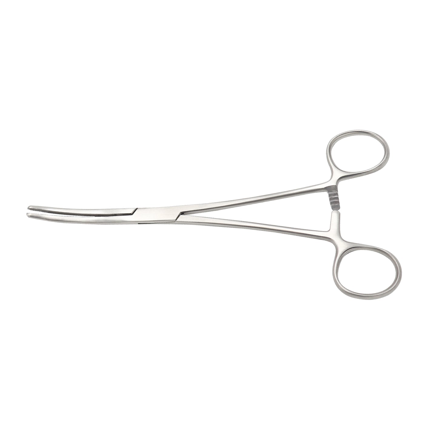 A pair of curved Rochester-Carmalt hemostatic forceps made of medical-grade stainless steel, featuring longitudinal serrations with cross-hatched tips and a multi-position ratchet locking handle.