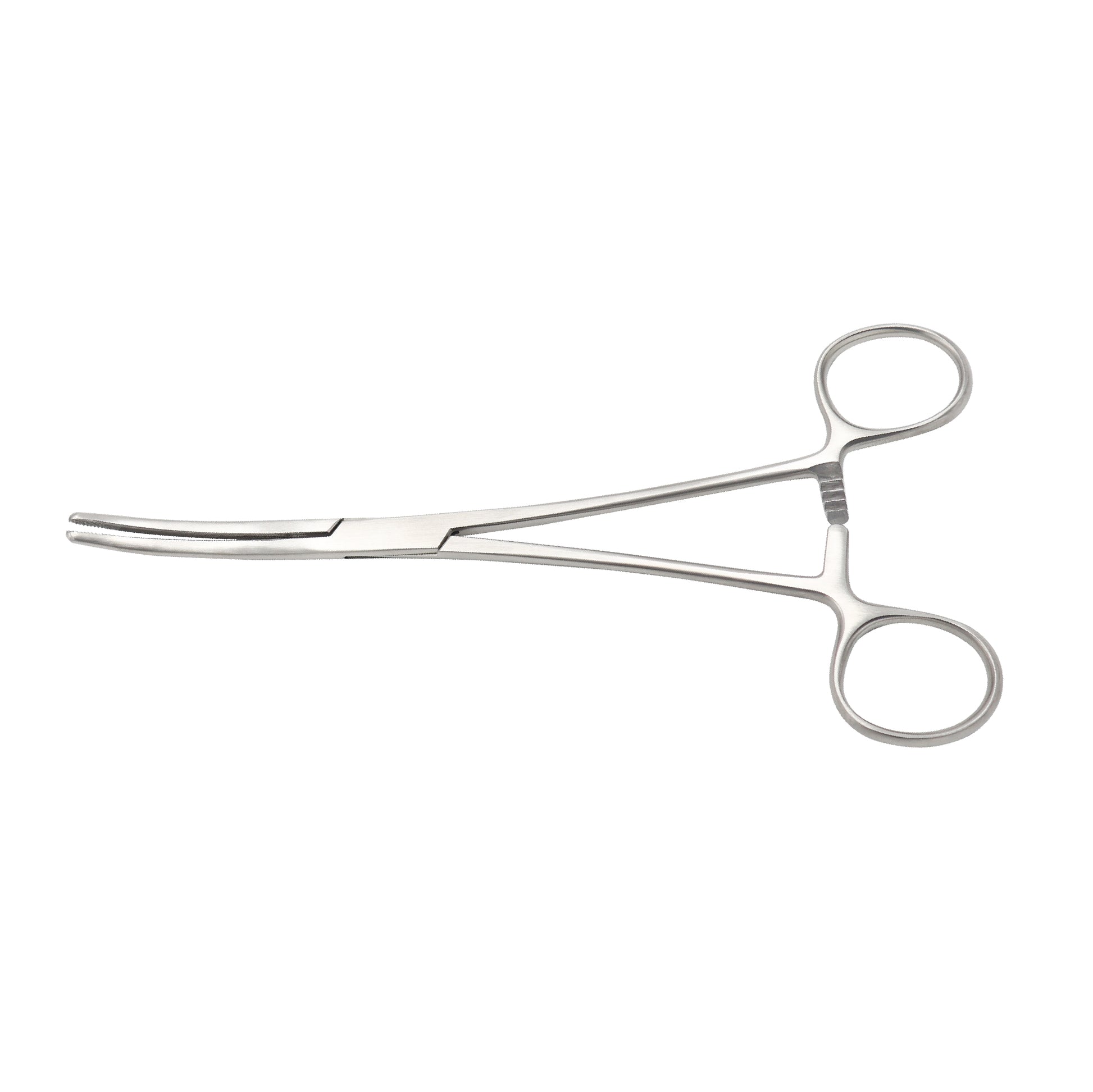 A pair of curved Rochester-Carmalt hemostatic forceps made of medical-grade stainless steel, featuring longitudinal serrations with cross-hatched tips and a multi-position ratchet locking handle.